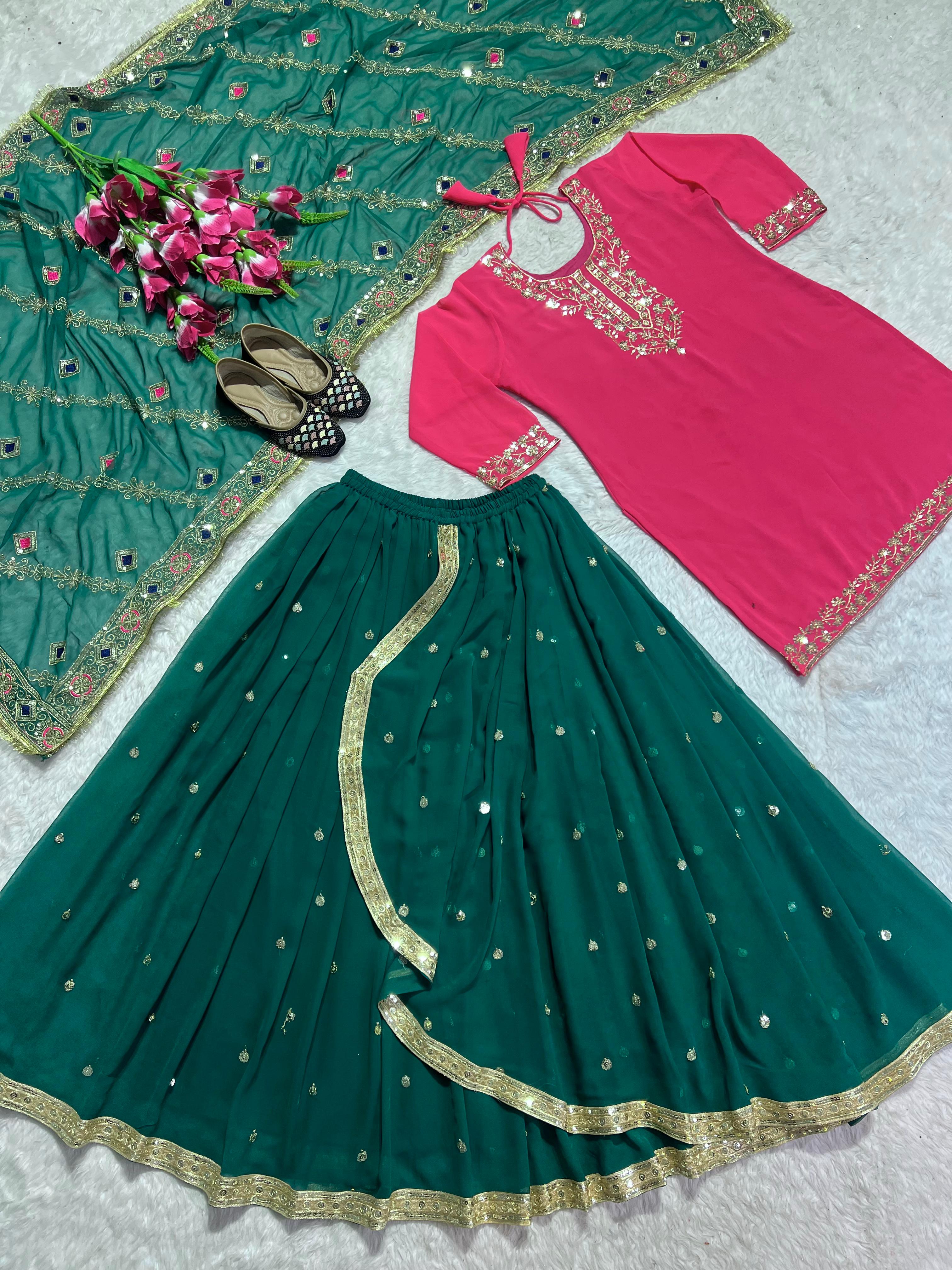 Glossy Pink And Green Color Faux Georgette With Heavy Embroidery Sharara Dhoti Suit