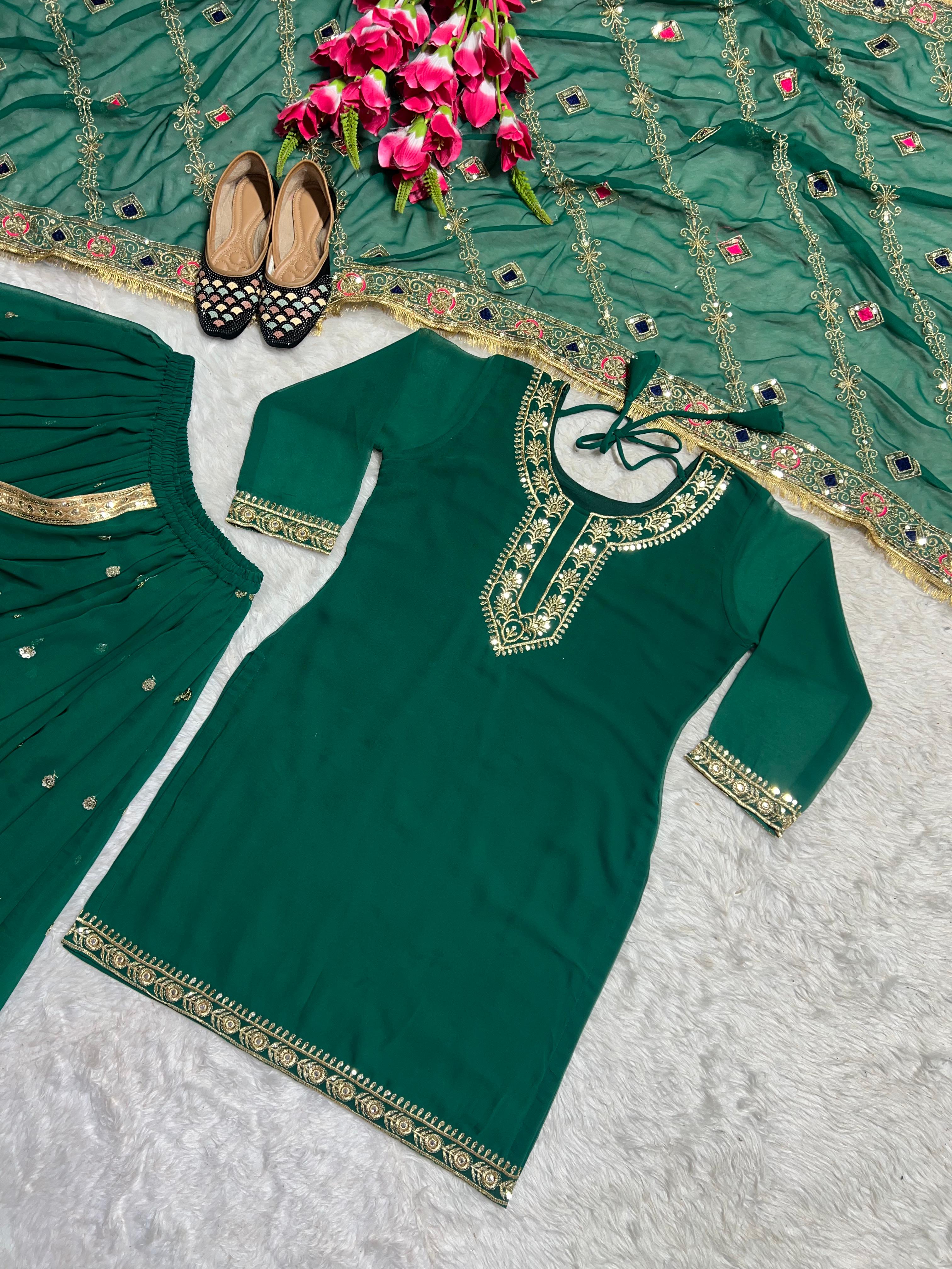 Stunning Green Color Faux Georgette With Heavy Embroidery Sharara Dhoti Suit