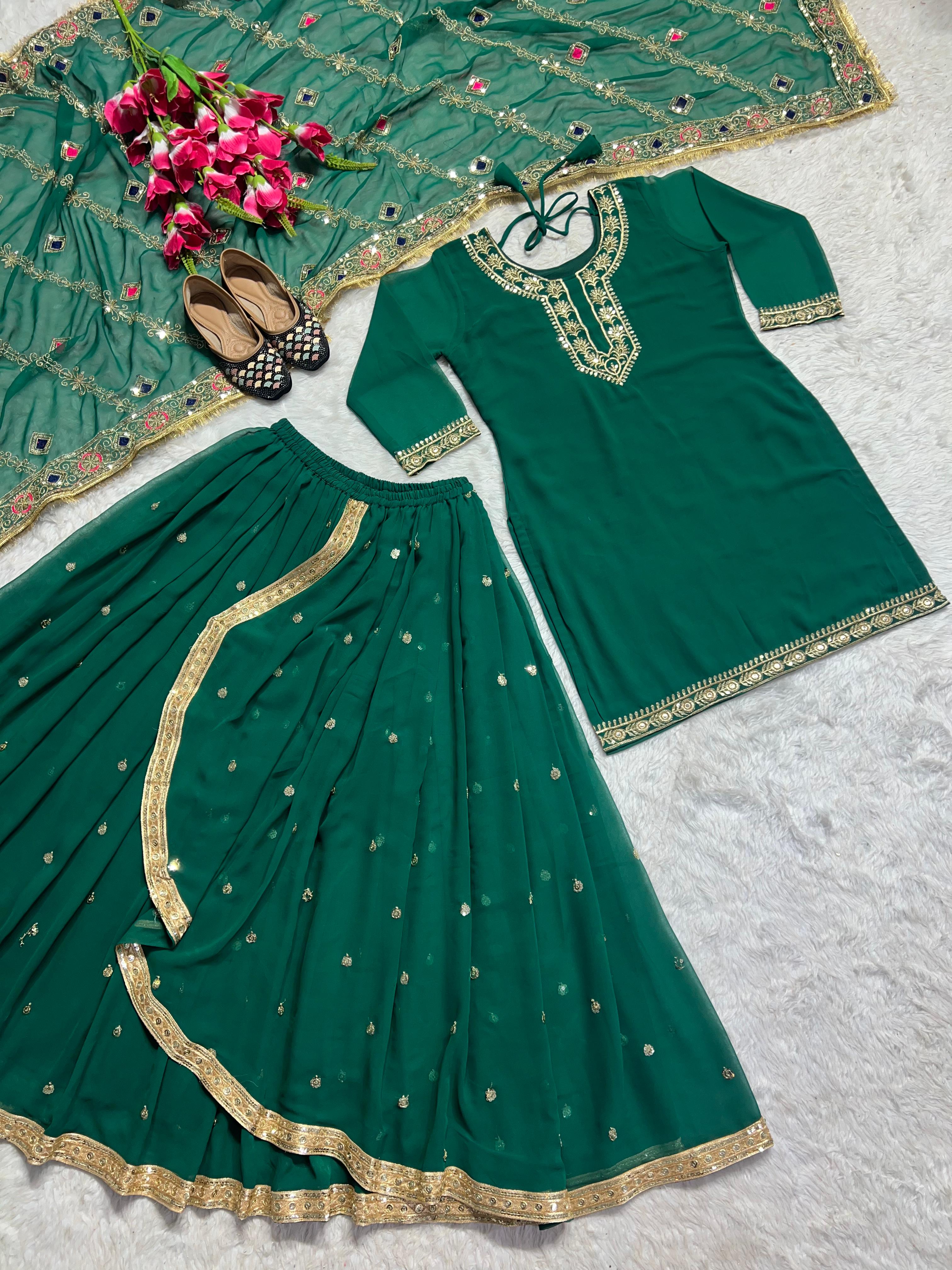 Stunning Green Color Faux Georgette With Heavy Embroidery Sharara Dhoti Suit