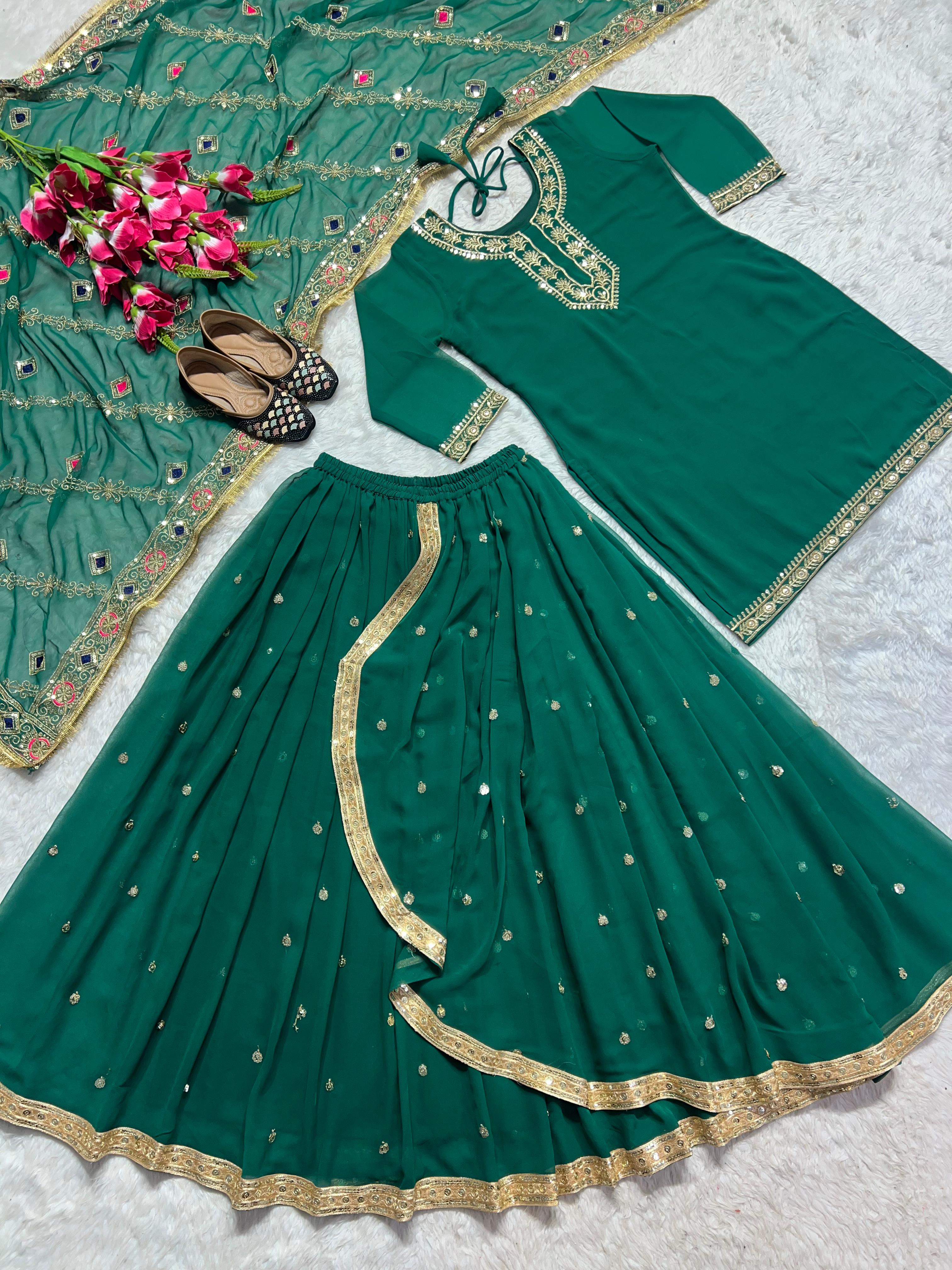 Stunning Green Color Faux Georgette With Heavy Embroidery Sharara Dhoti Suit