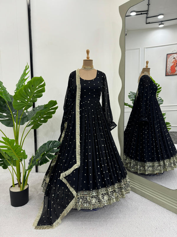 Party Wear Black Color Georgette Thread With Sequence Designer Gown