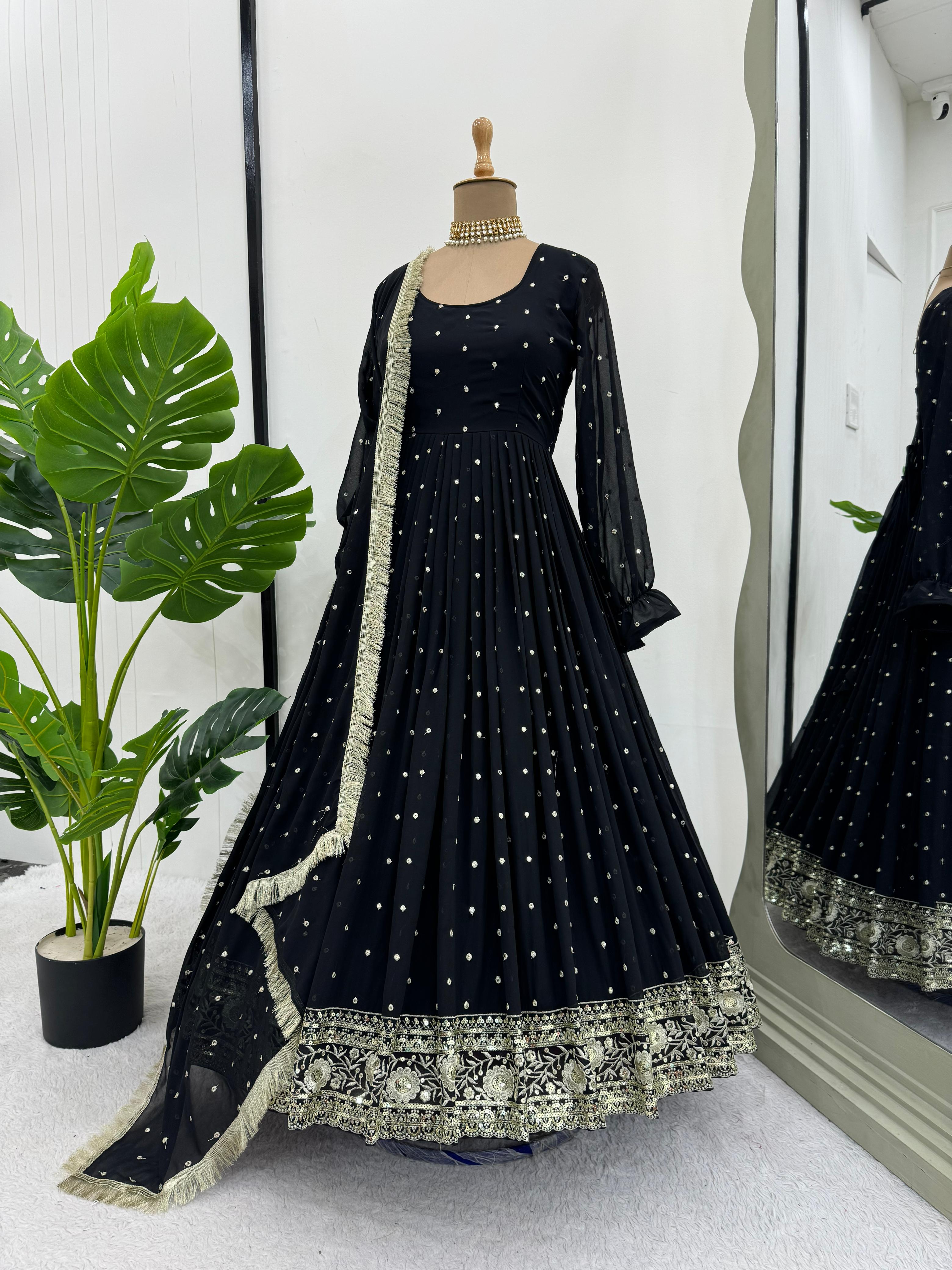 Party Wear Black Color Georgette Thread With Sequence Designer Gown