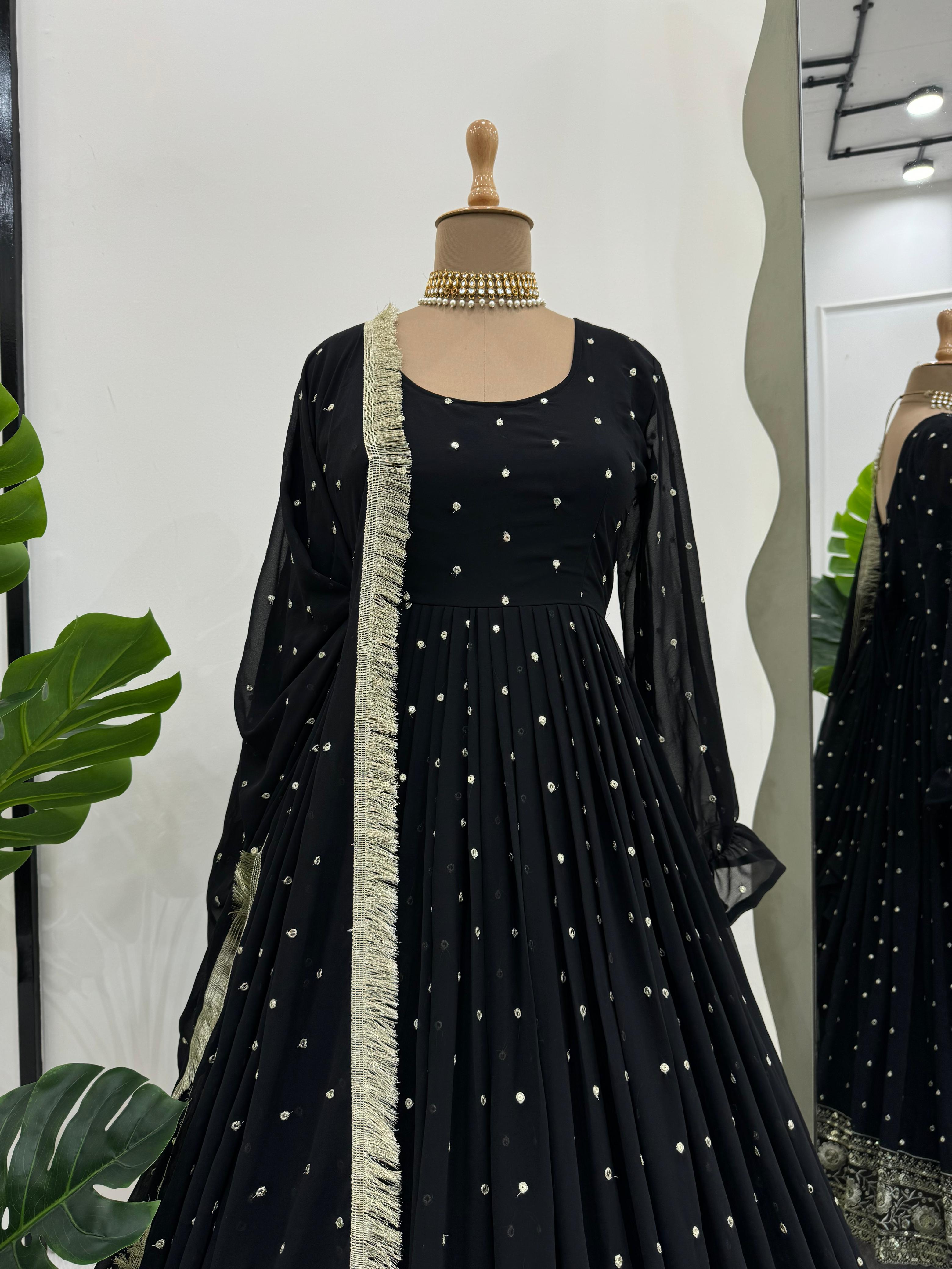 Party Wear Black Color Georgette Thread With Sequence Designer Gown