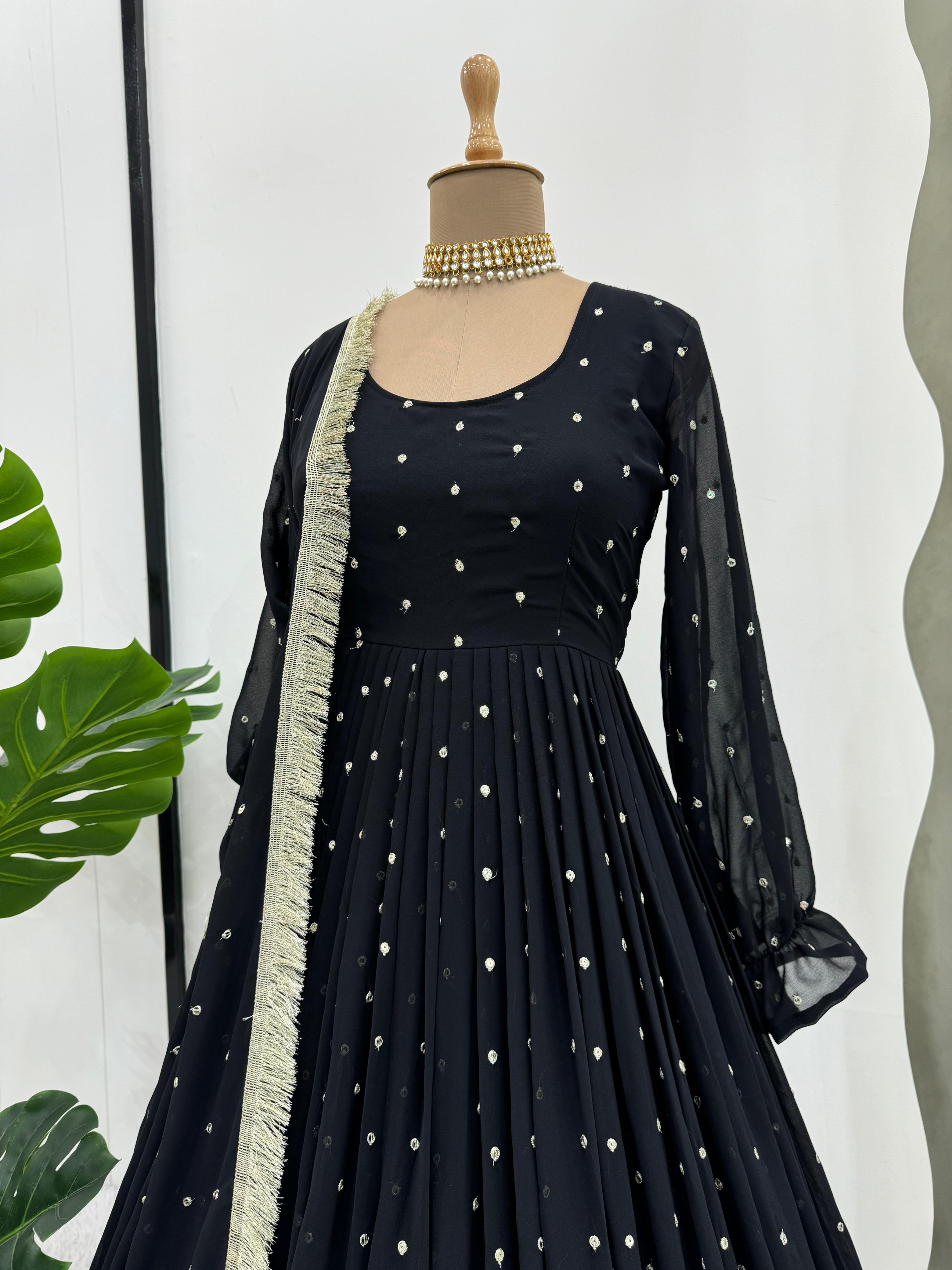 Party Wear Black Color Georgette Thread With Sequence Designer Gown