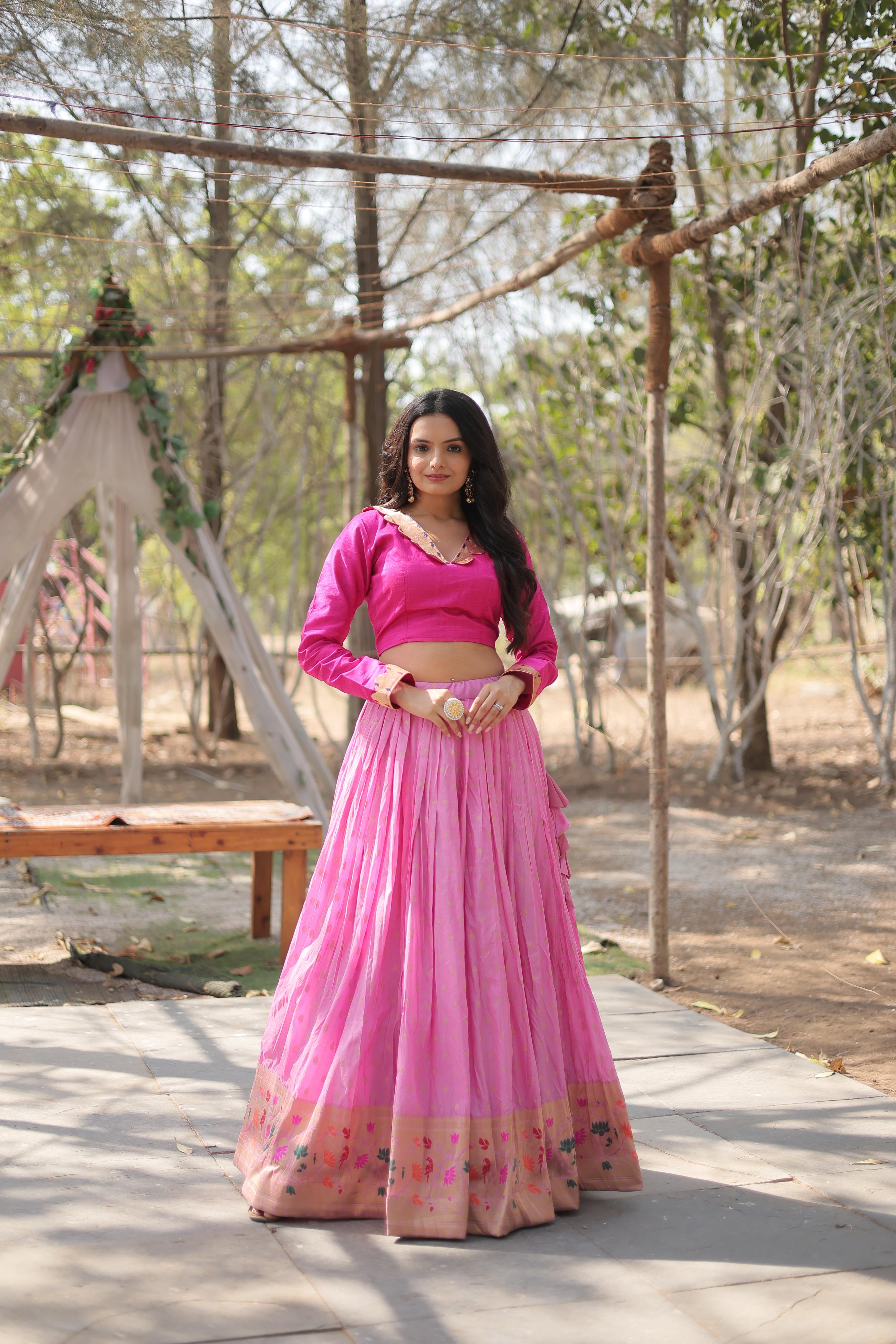 Marriage Special Pink Color Viscose Jacquard With Kalamkari Jari Border Designer Lehenga