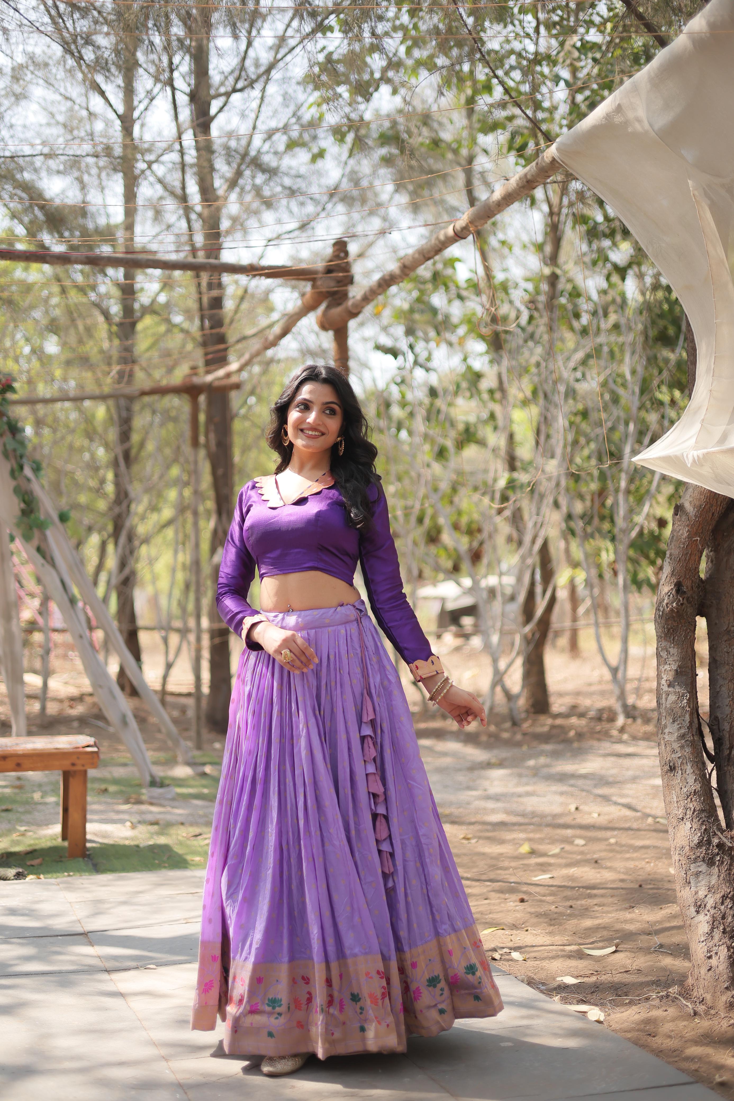 Marriage Special Lavender Color Viscose Jacquard With Kalamkari Jari Border Designer Lehenga