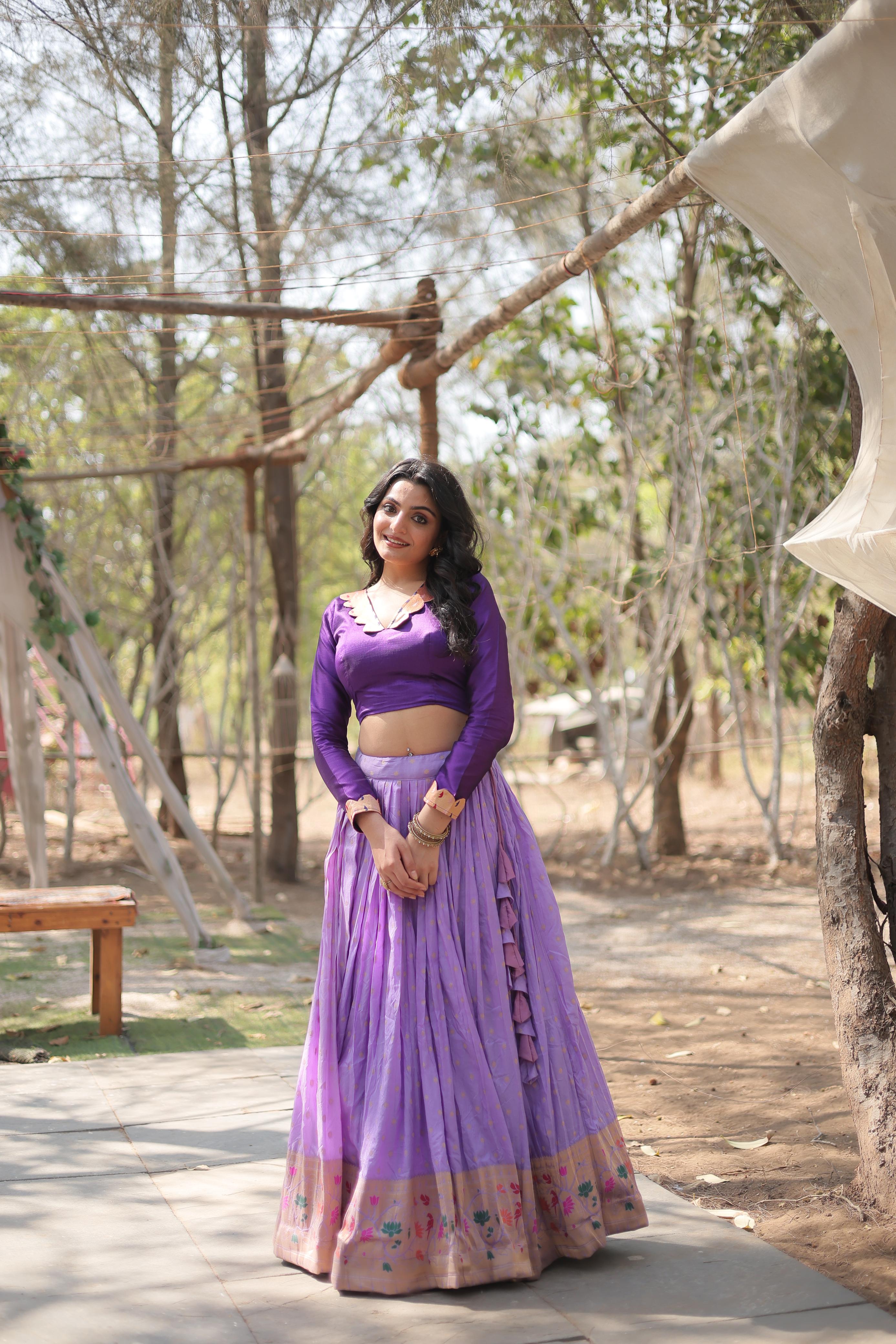 Marriage Special Lavender Color Viscose Jacquard With Kalamkari Jari Border Designer Lehenga