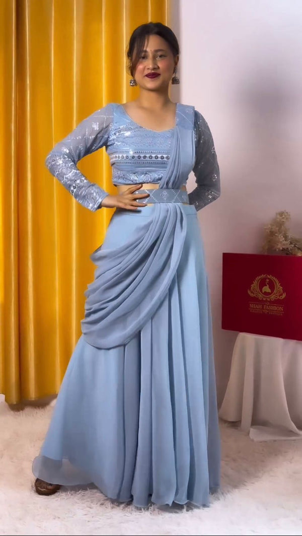 Eyes Catching Sky Blue Color Georgette Embroidered Sequins Work Wedding Wear Choli With Sharara