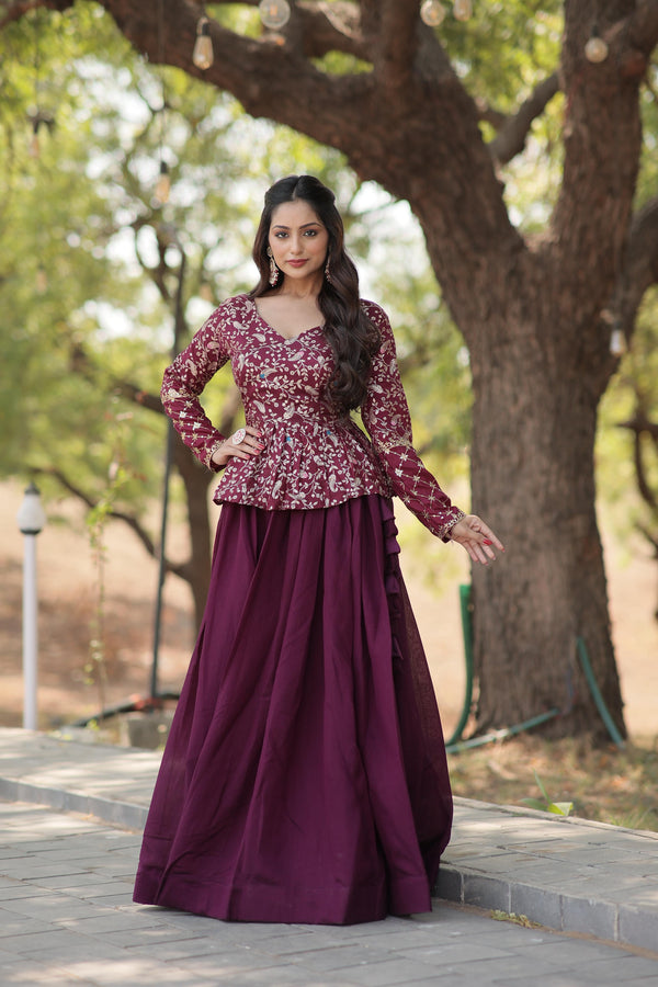 Traditional Wear Co-ord Set Wine Color Top With Lehenga