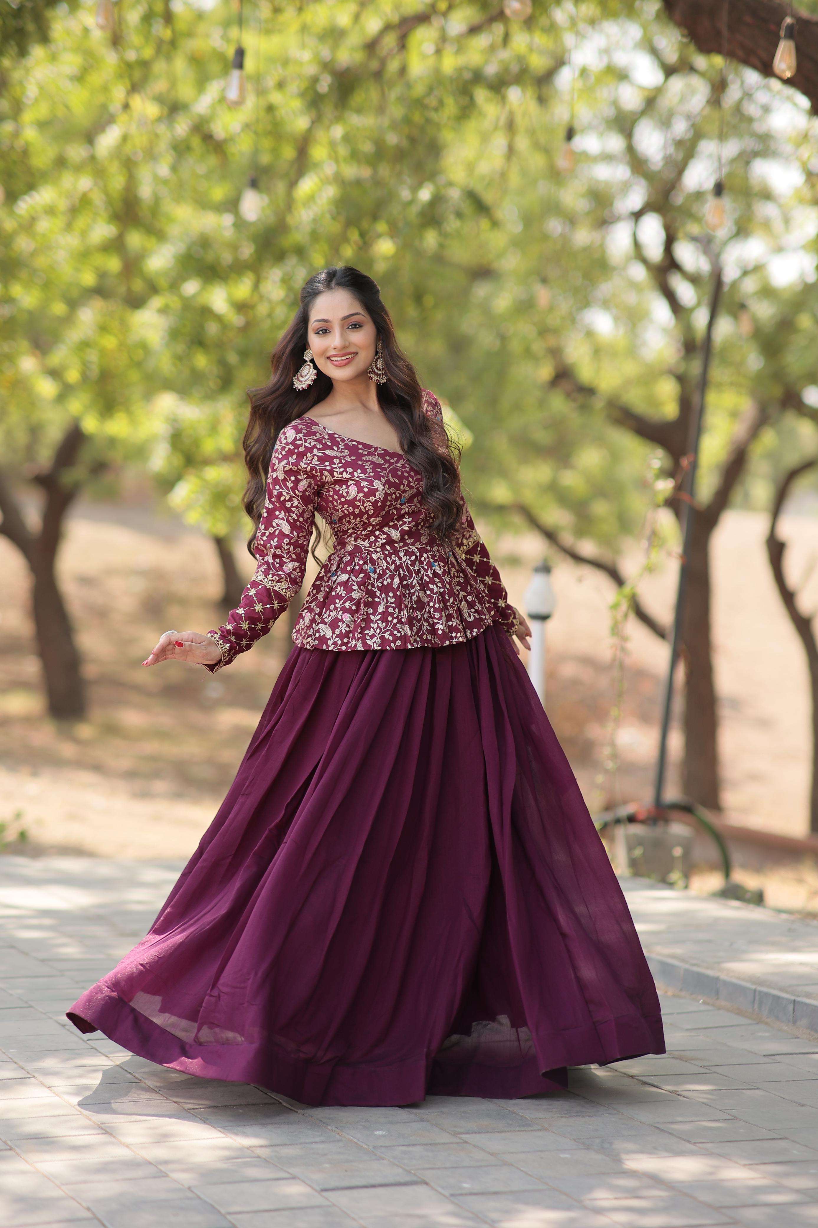 Traditional Wear Co-ord Set Wine Color Top With Lehenga