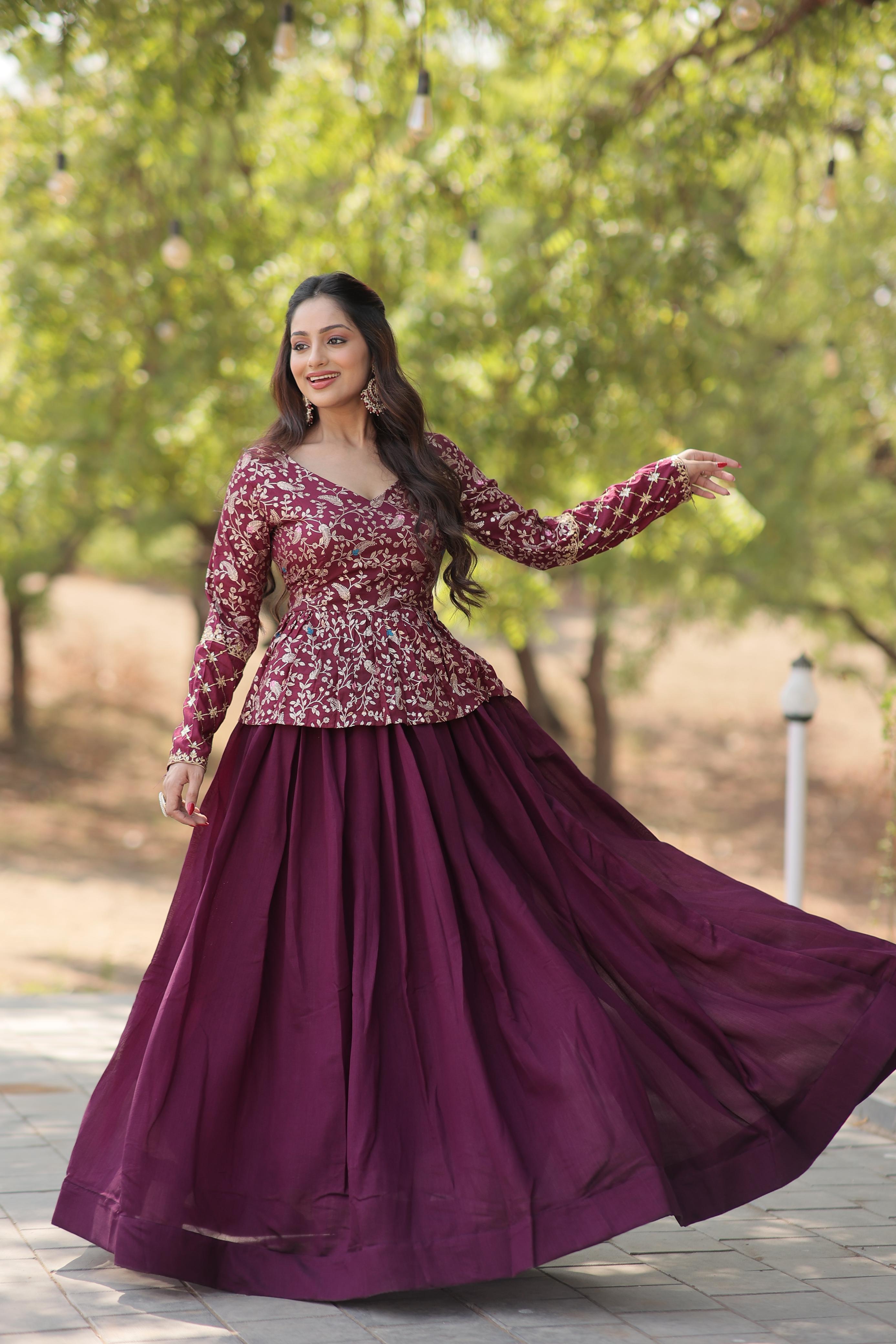 Traditional Wear Co-ord Set Wine Color Top With Lehenga