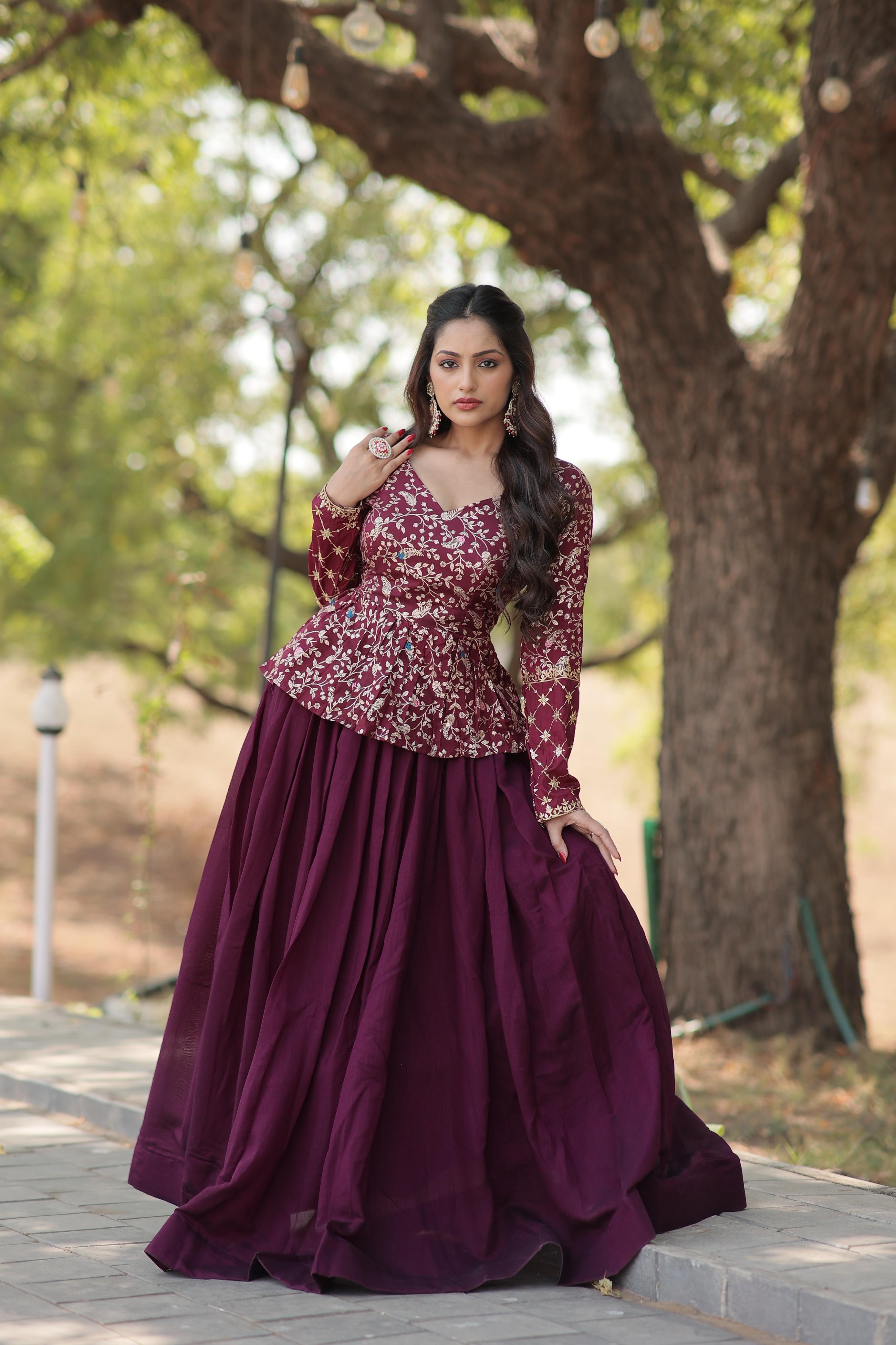 Traditional Wear Co-ord Set Wine Color Top With Lehenga