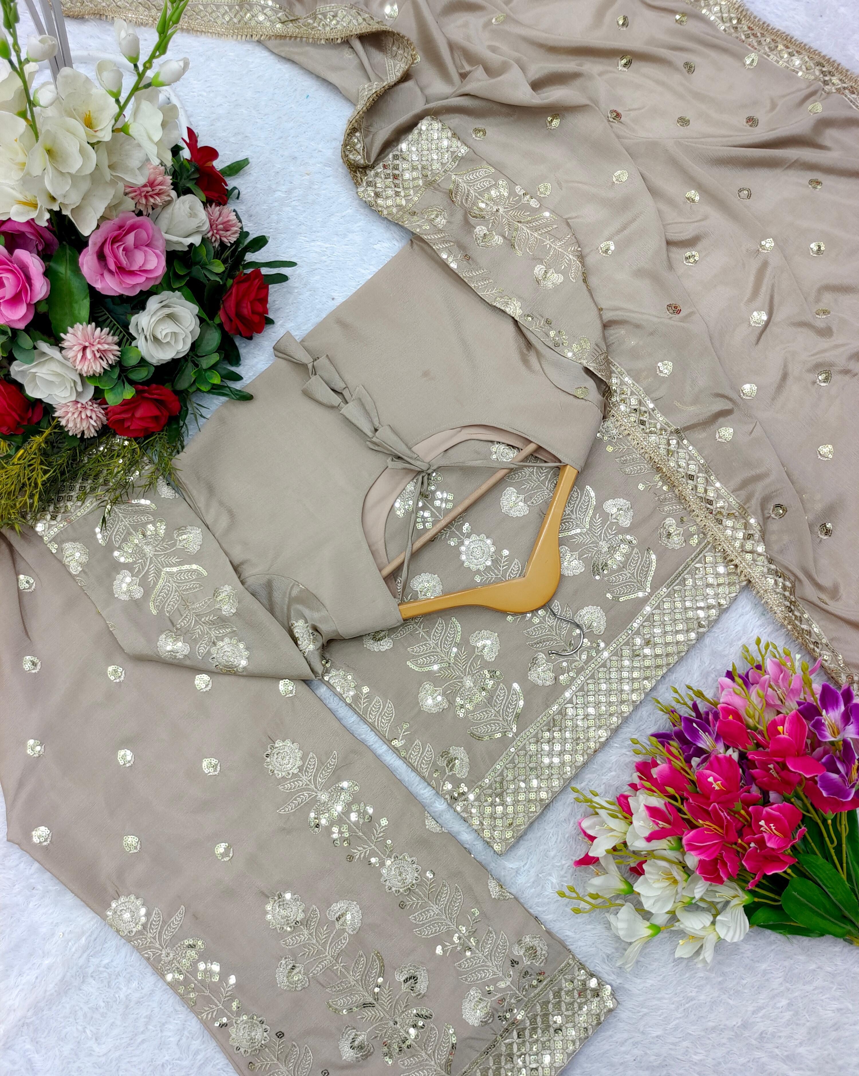 Beige Color Pure Chinon Silk With Heavy Embroidery Sequence Work Designer Salwar Suit