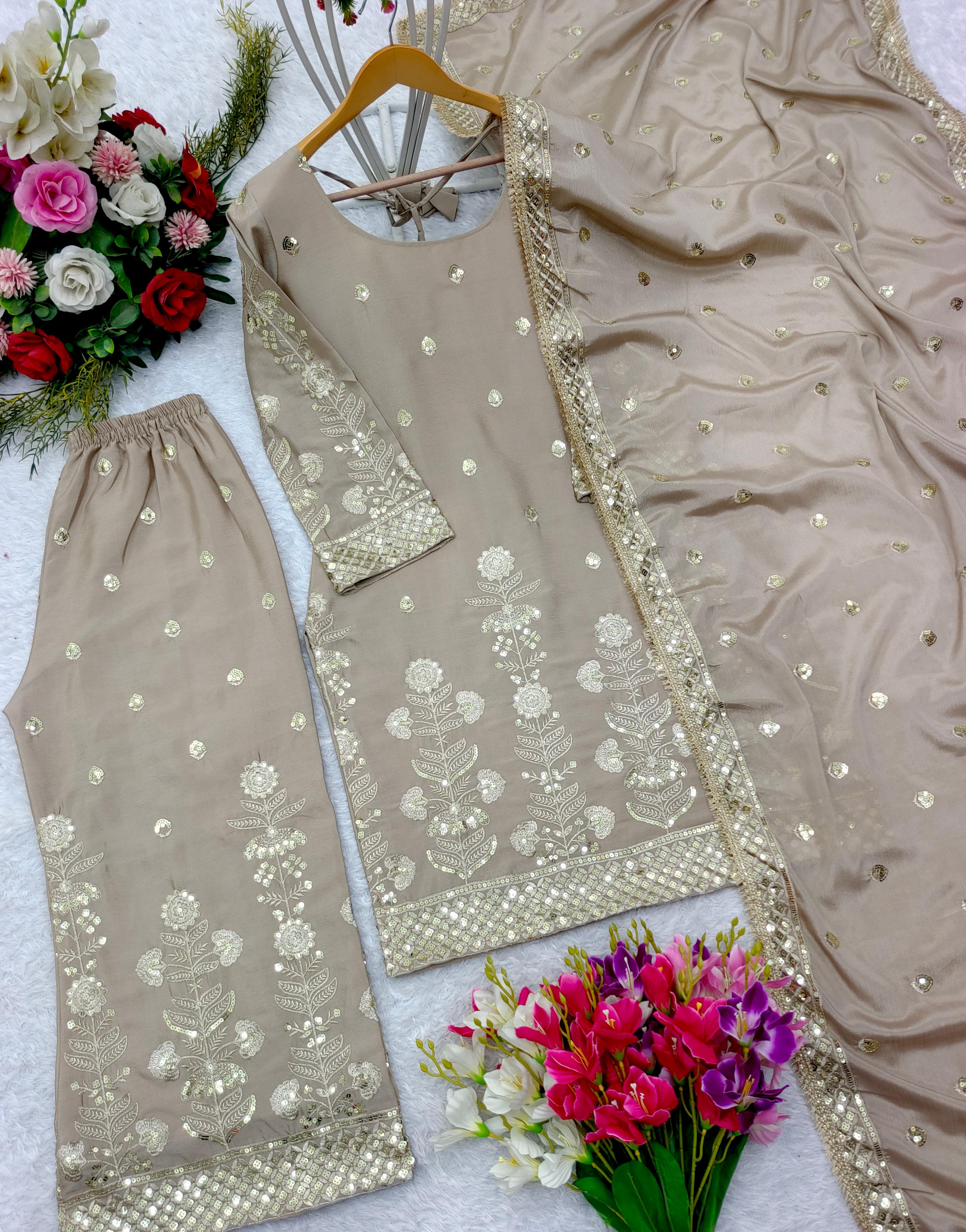 Beige Color Pure Chinon Silk With Heavy Embroidery Sequence Work Designer Salwar Suit