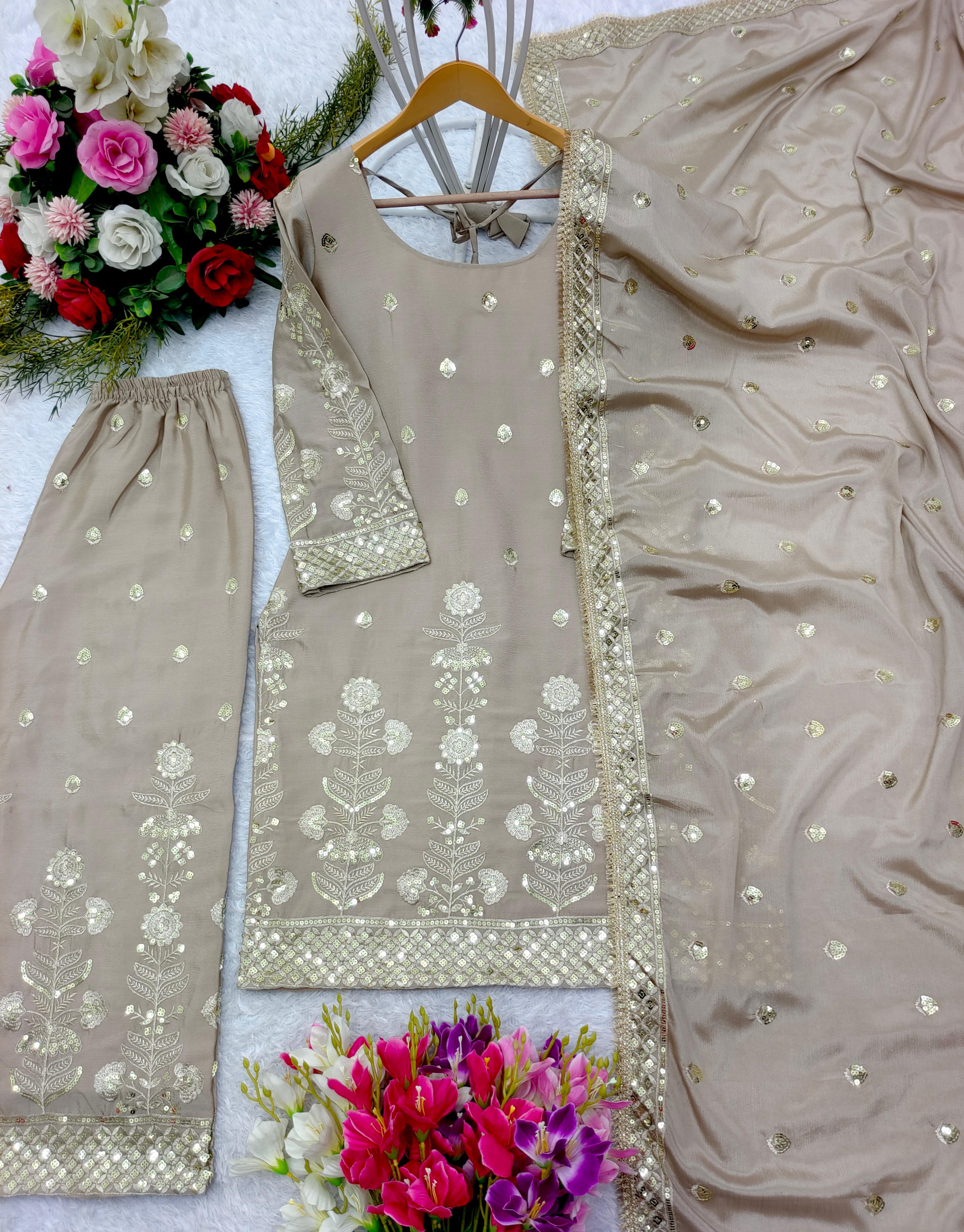 Beige Color Pure Chinon Silk With Heavy Embroidery Sequence Work Designer Salwar Suit