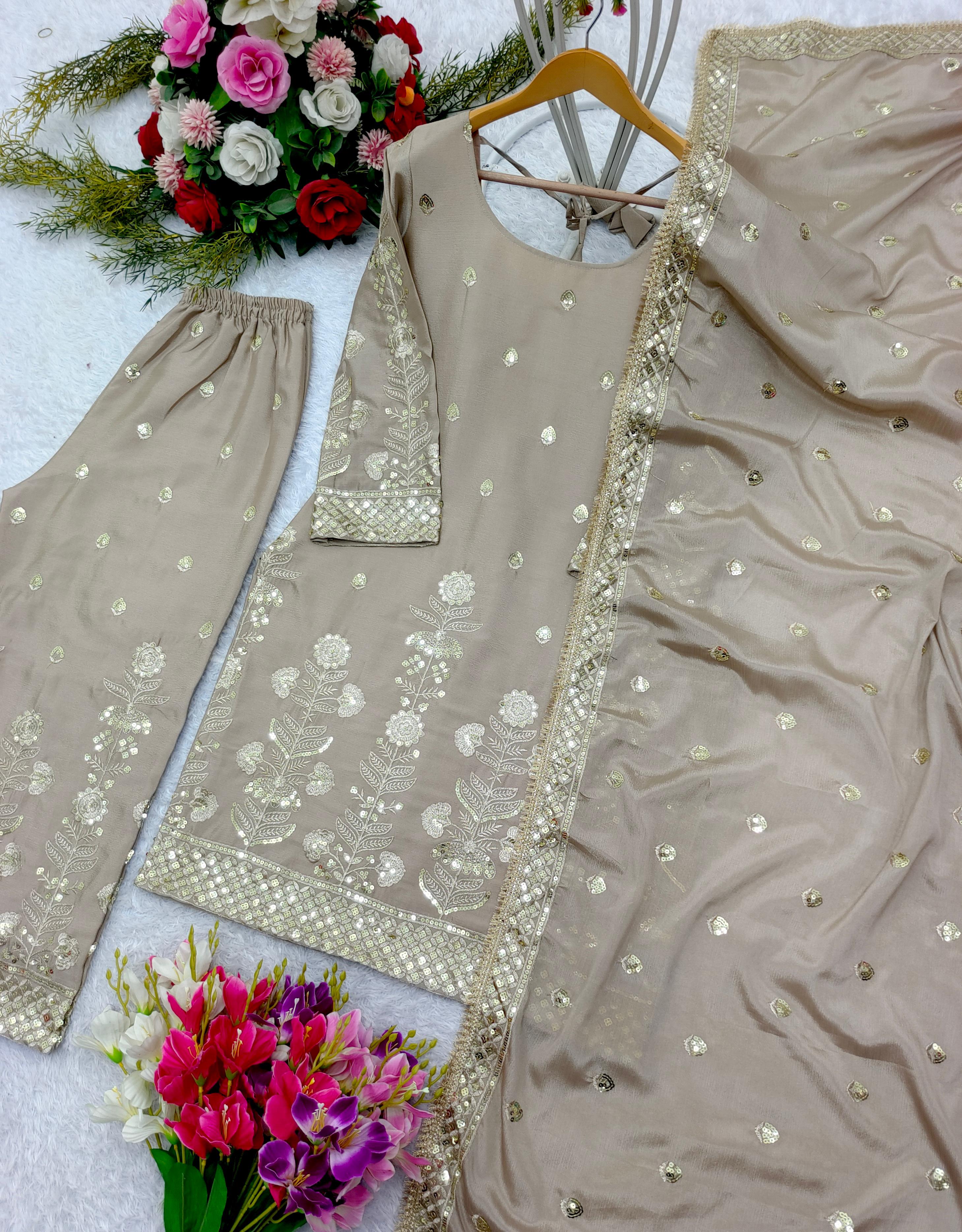 Beige Color Pure Chinon Silk With Heavy Embroidery Sequence Work Designer Salwar Suit