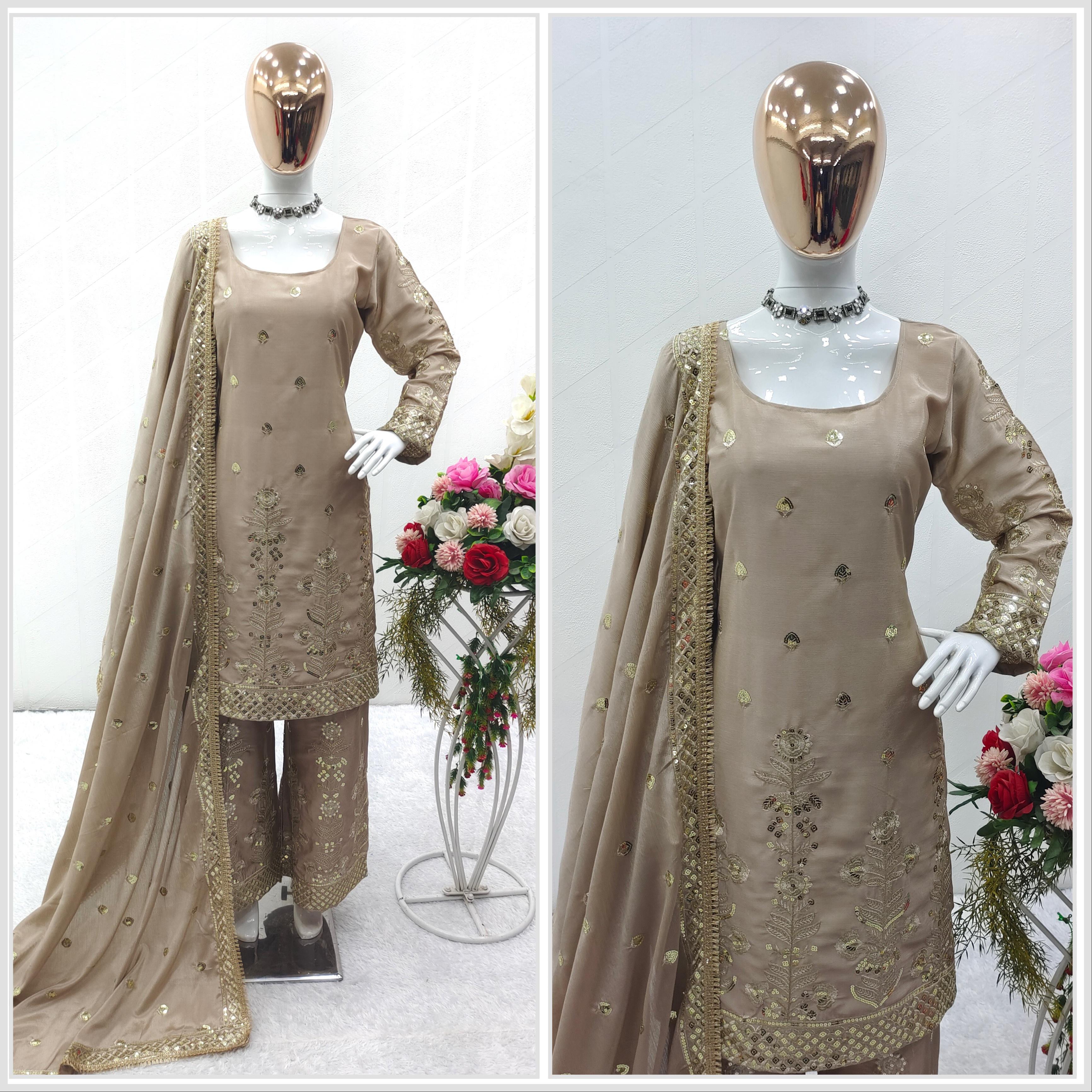 Beige Color Pure Chinon Silk With Heavy Embroidery Sequence Work Designer Salwar Suit