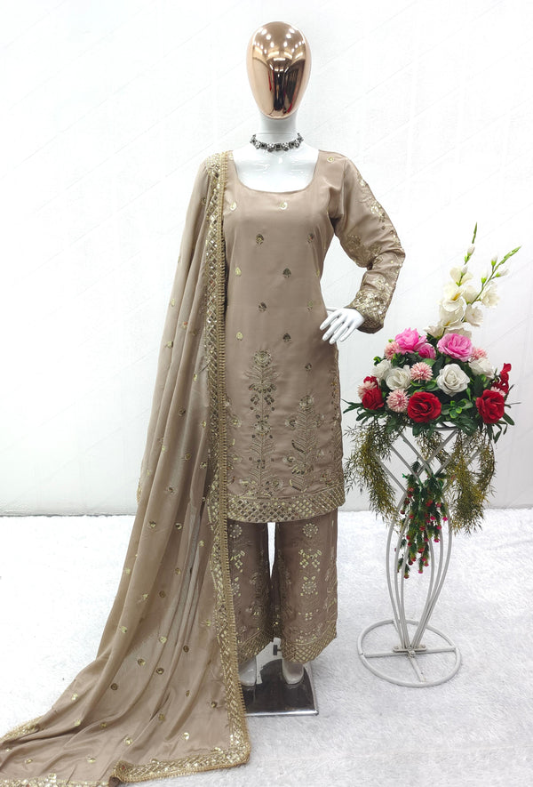 Beige Color Pure Chinon Silk With Heavy Embroidery Sequence Work Designer Salwar Suit