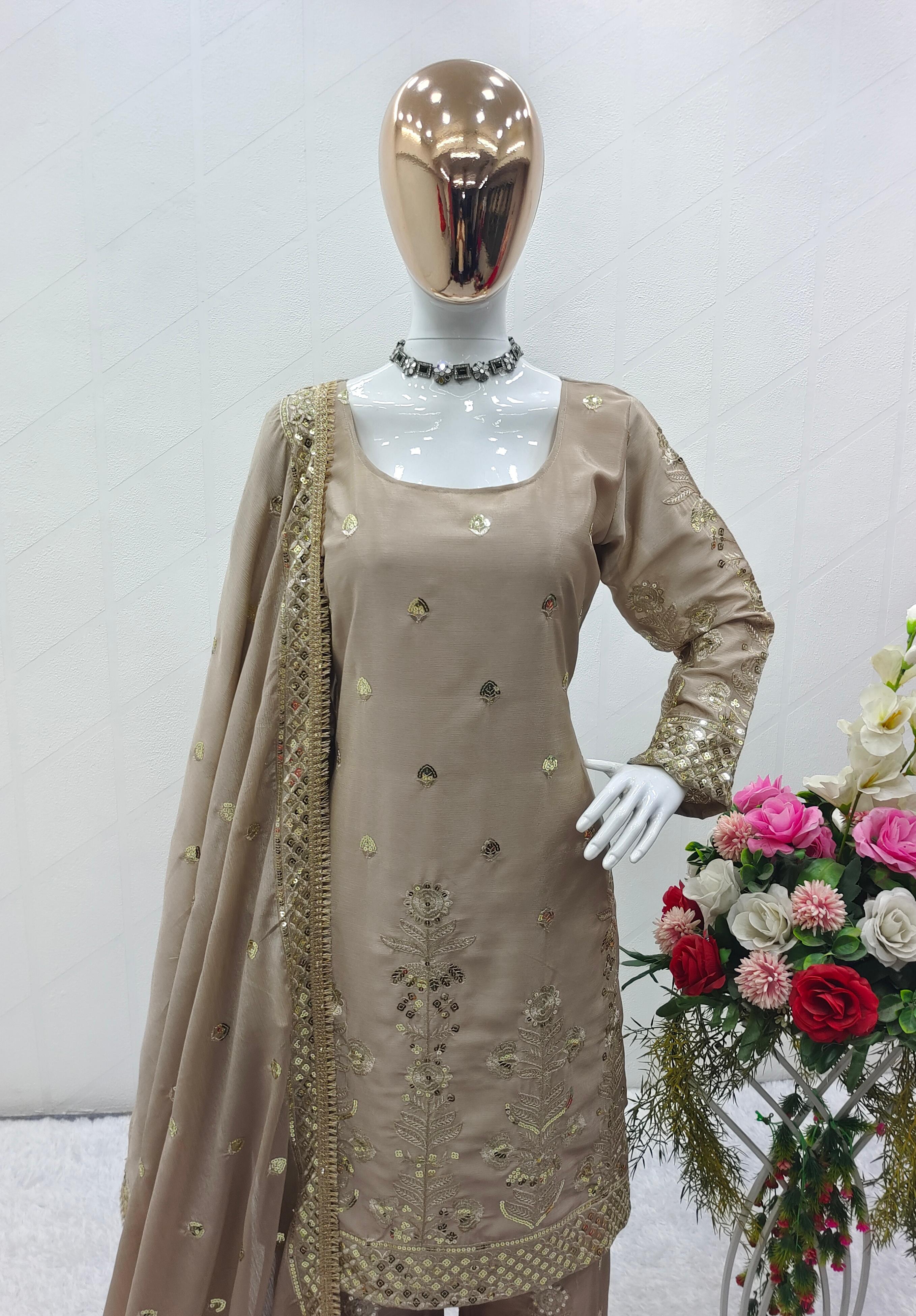 Beige Color Pure Chinon Silk With Heavy Embroidery Sequence Work Designer Salwar Suit