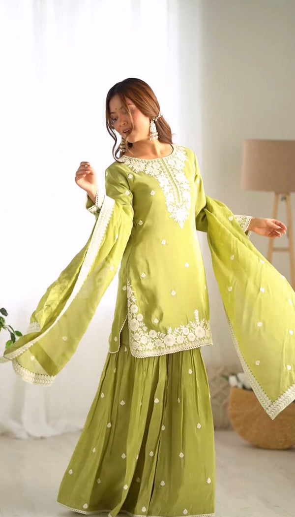 Wedding Wear Green Color Chinon Silk With 5mm Embroidery Sequence Work Designer Sharara Suit