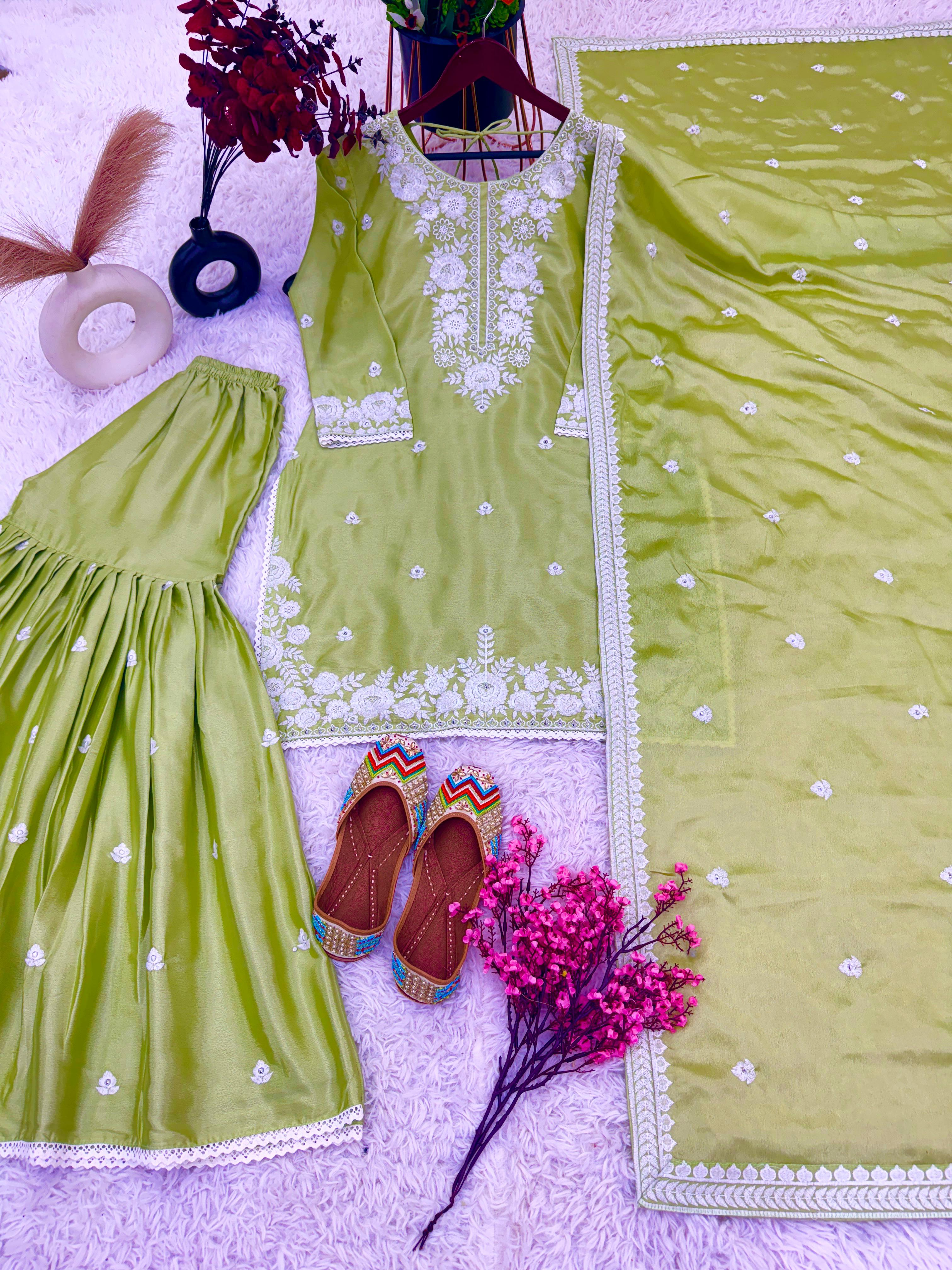 Wedding Wear Green Color Chinon Silk With 5mm Embroidery Sequence Work Designer Sharara Suit