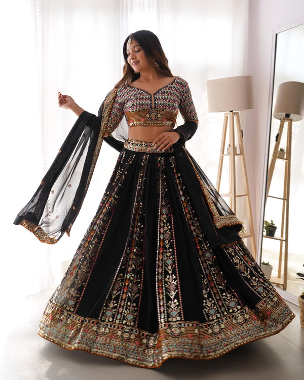 Eyes Catching Black Color Georgette Embroidery With Sequence Work Designer Bridal Lehenga Choli