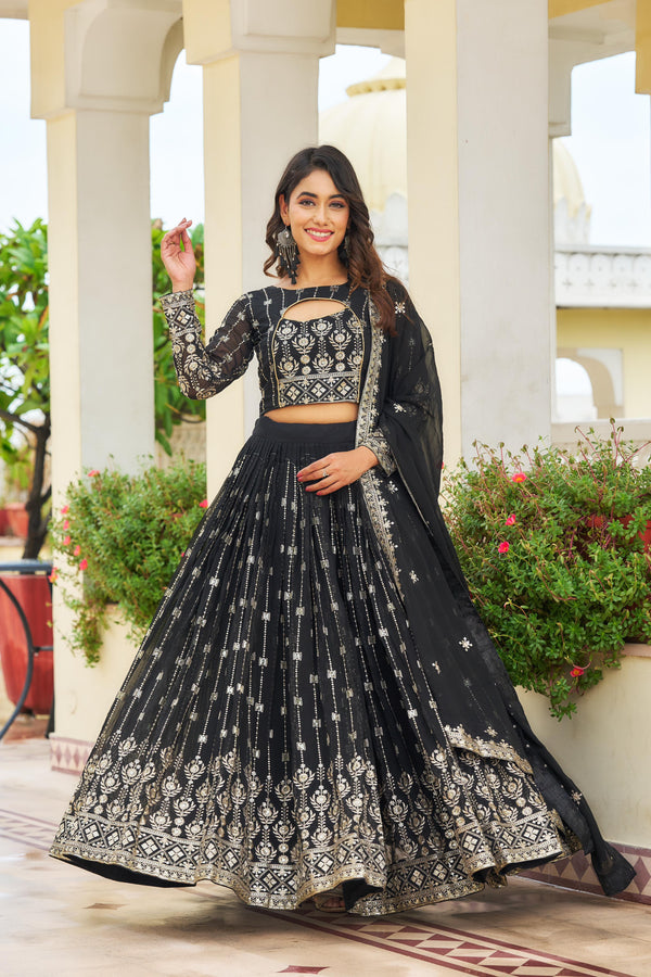 Reception Wear Black Color Heavy Fox Georgette Embroidery Sequence Work Designer Lehenga Choli