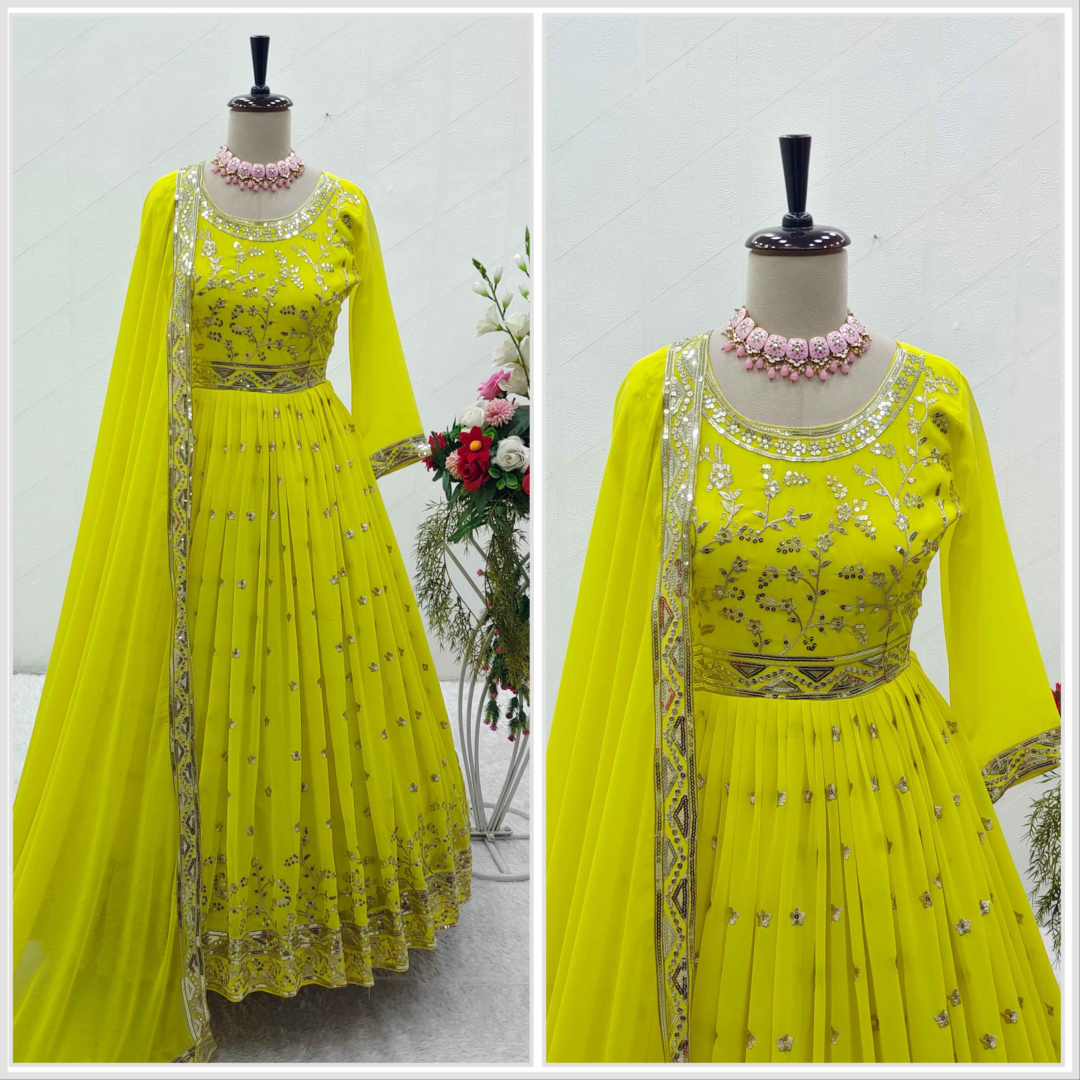 Fashionable Green Color Heavy Cotton Embroidery Sequence Work Designer Gown