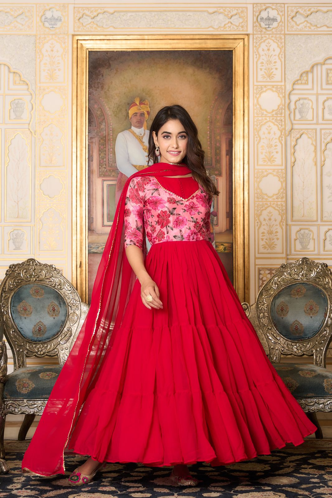 Fashionable Red Color Foux Georgette Designer Gown