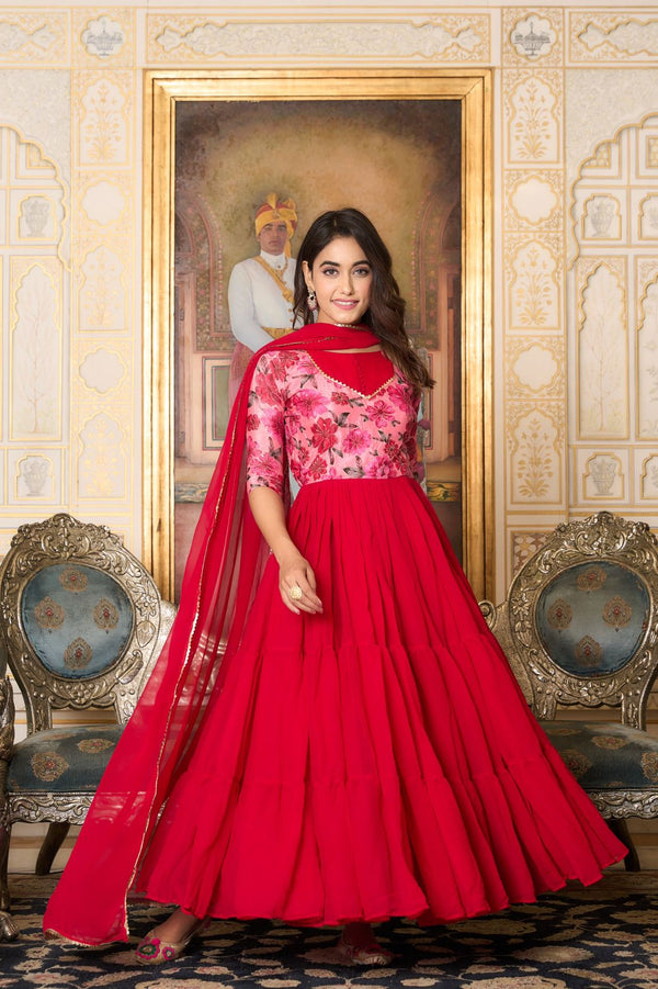 Fashionable Red Color Foux Georgette Designer Gown