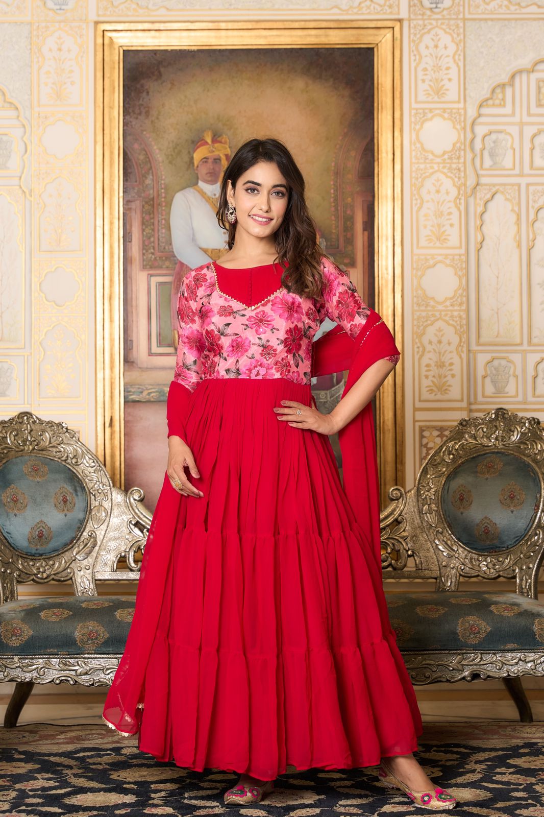 Fashionable Red Color Foux Georgette Designer Gown