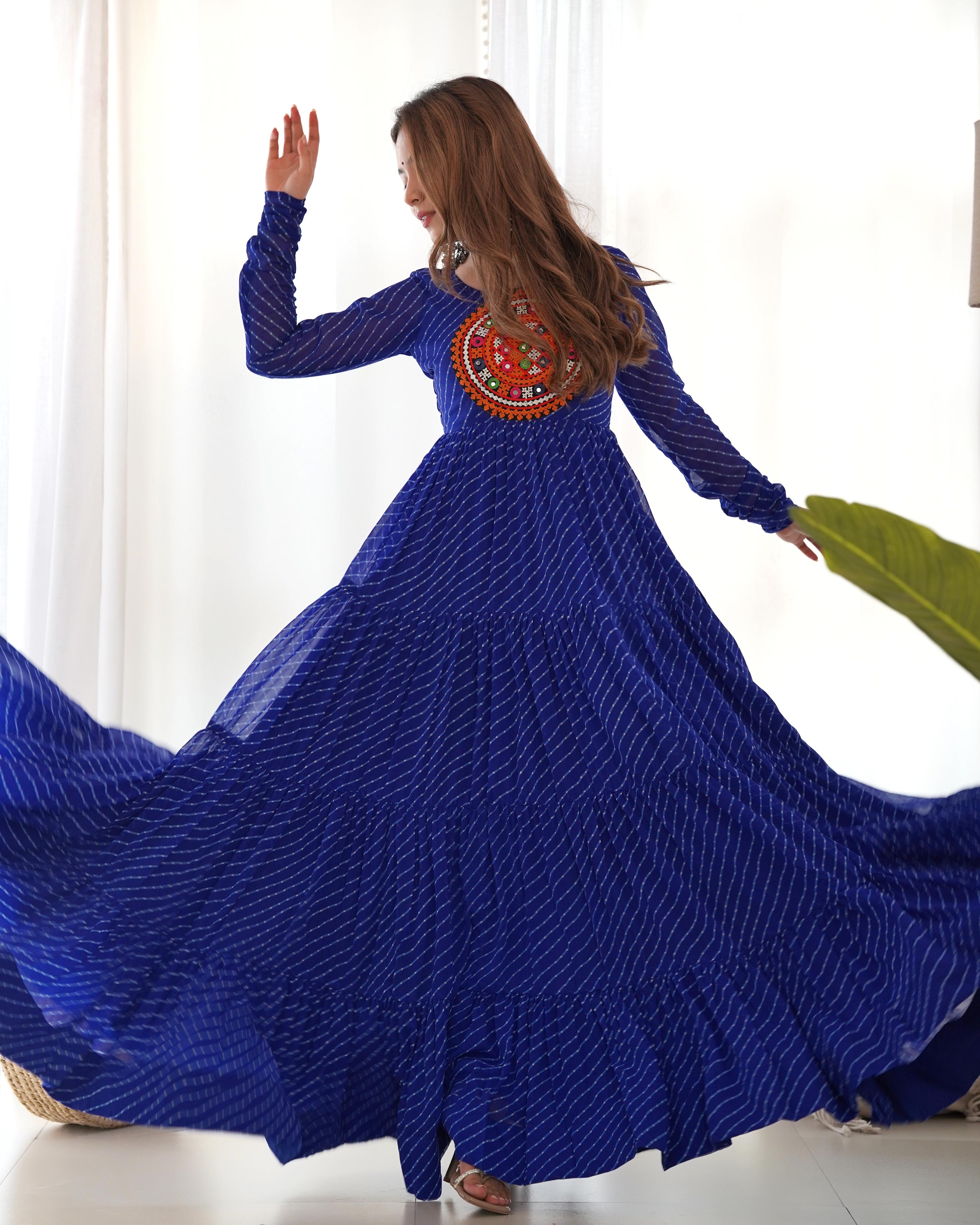 Navratri Wear Royal Blue Color Heavy Pure Soft Fox Georgette Laheriya Print Anarkali Gown