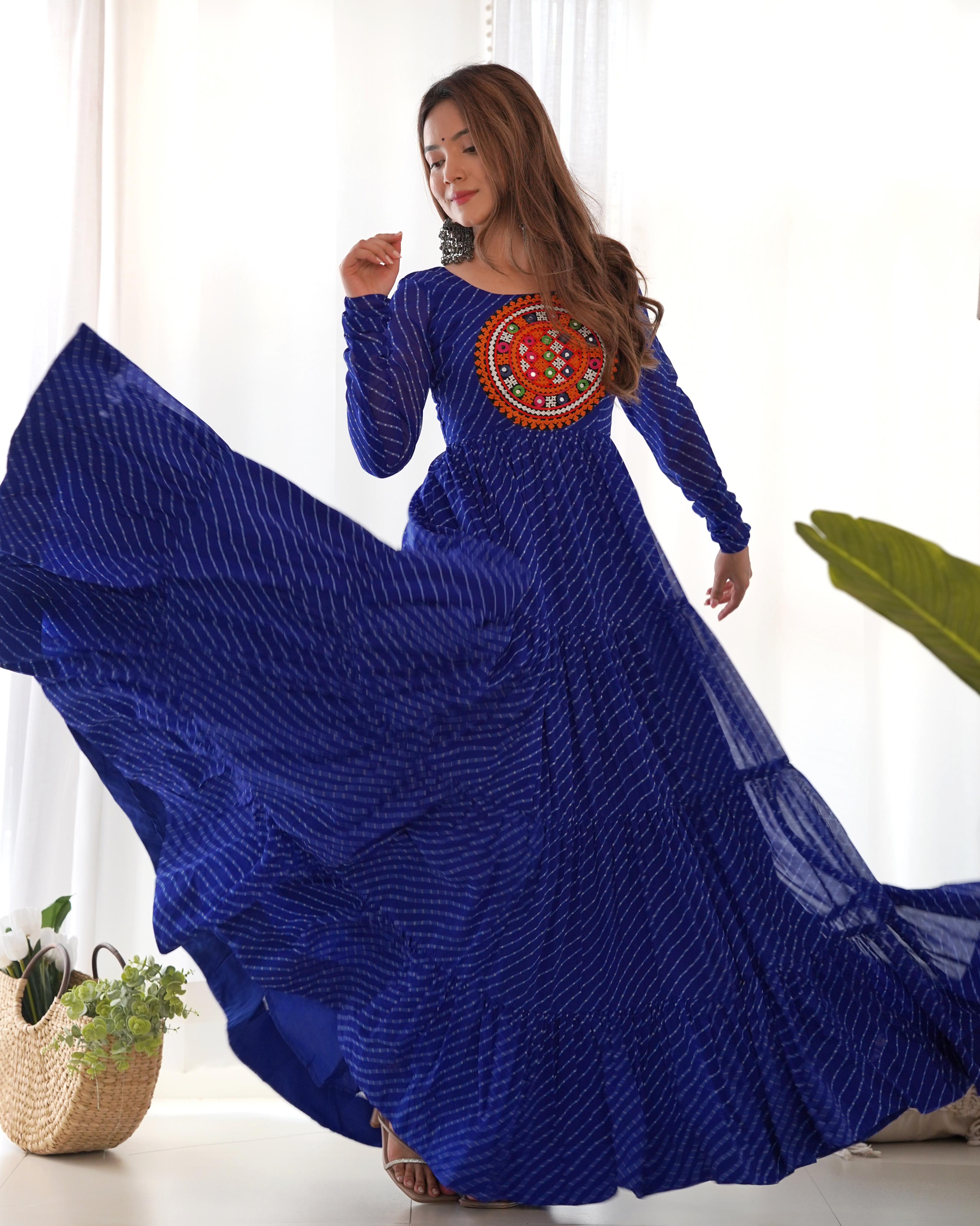 Navratri Wear Royal Blue Color Heavy Pure Soft Fox Georgette Laheriya Print Anarkali Gown