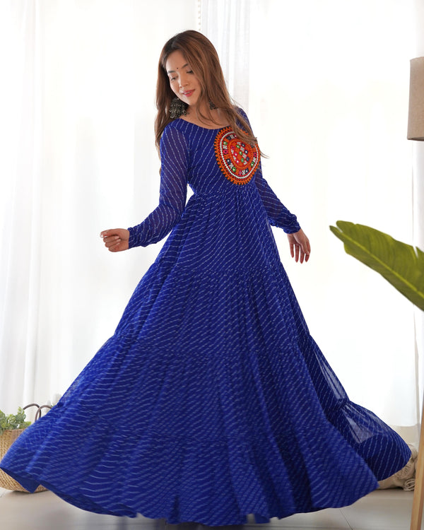 Navratri Wear Royal Blue Color Heavy Pure Soft Fox Georgette Laheriya Print Anarkali Gown