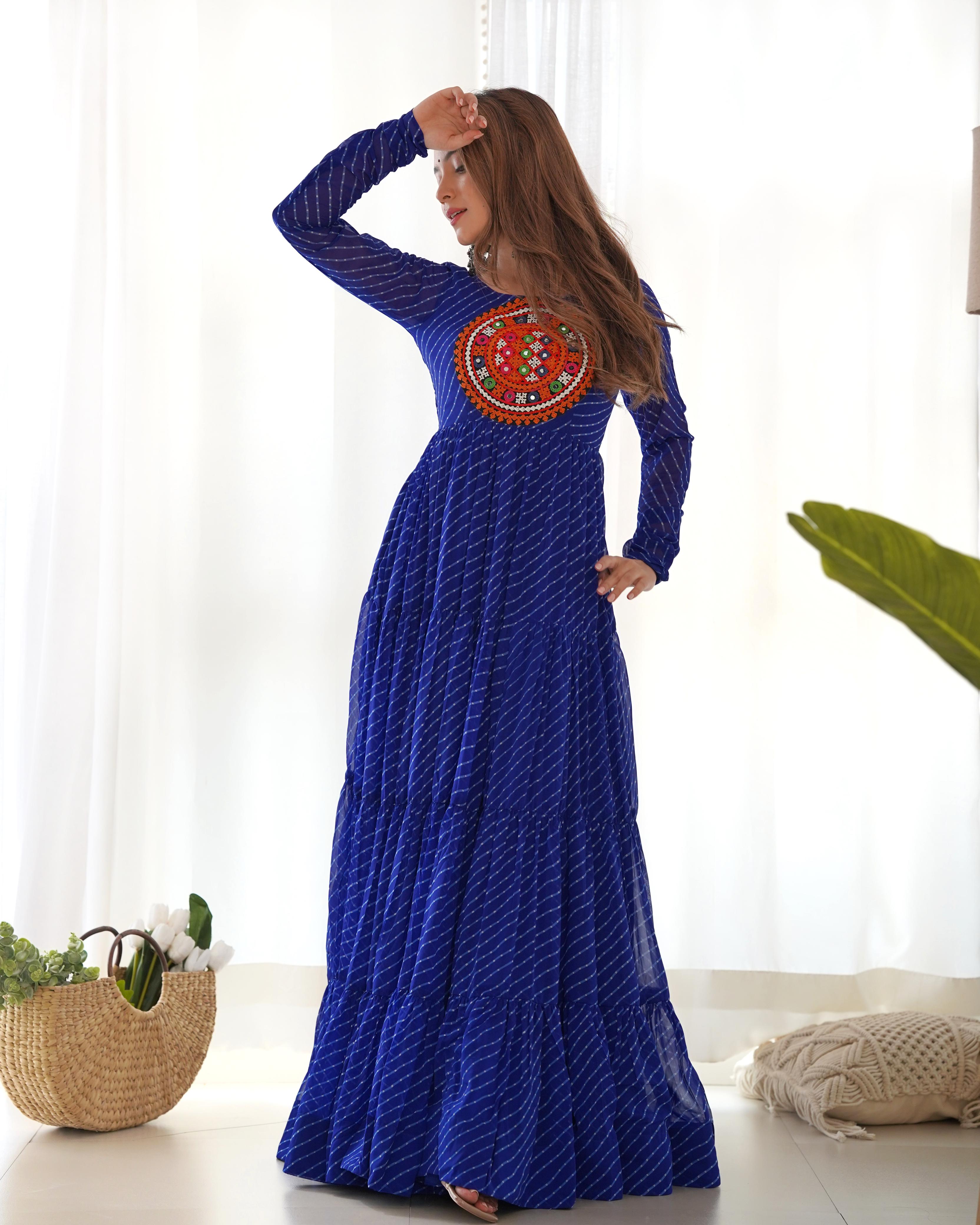 Navratri Wear Royal Blue Color Heavy Pure Soft Fox Georgette Laheriya Print Anarkali Gown