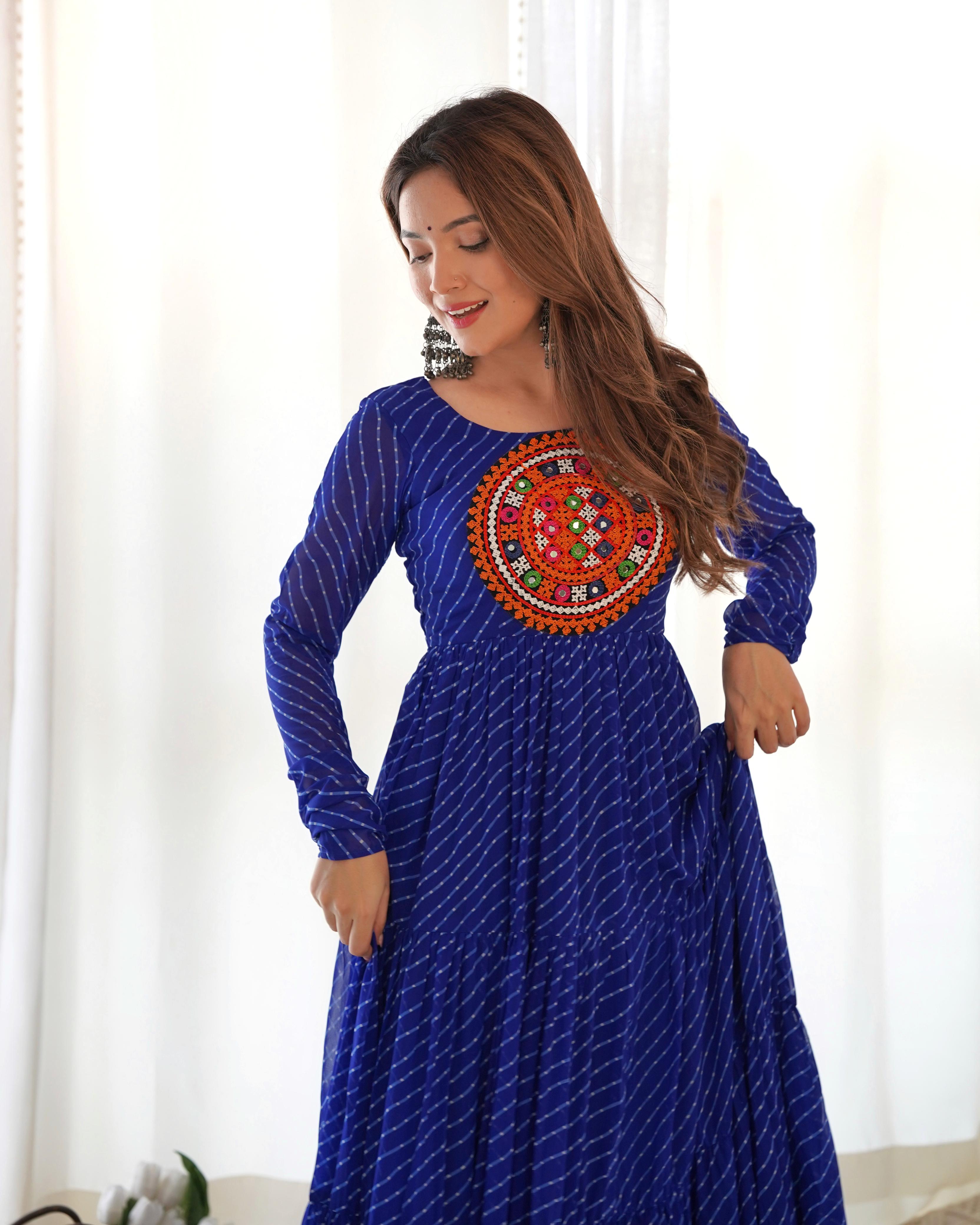 Navratri Wear Royal Blue Color Heavy Pure Soft Fox Georgette Laheriya Print Anarkali Gown