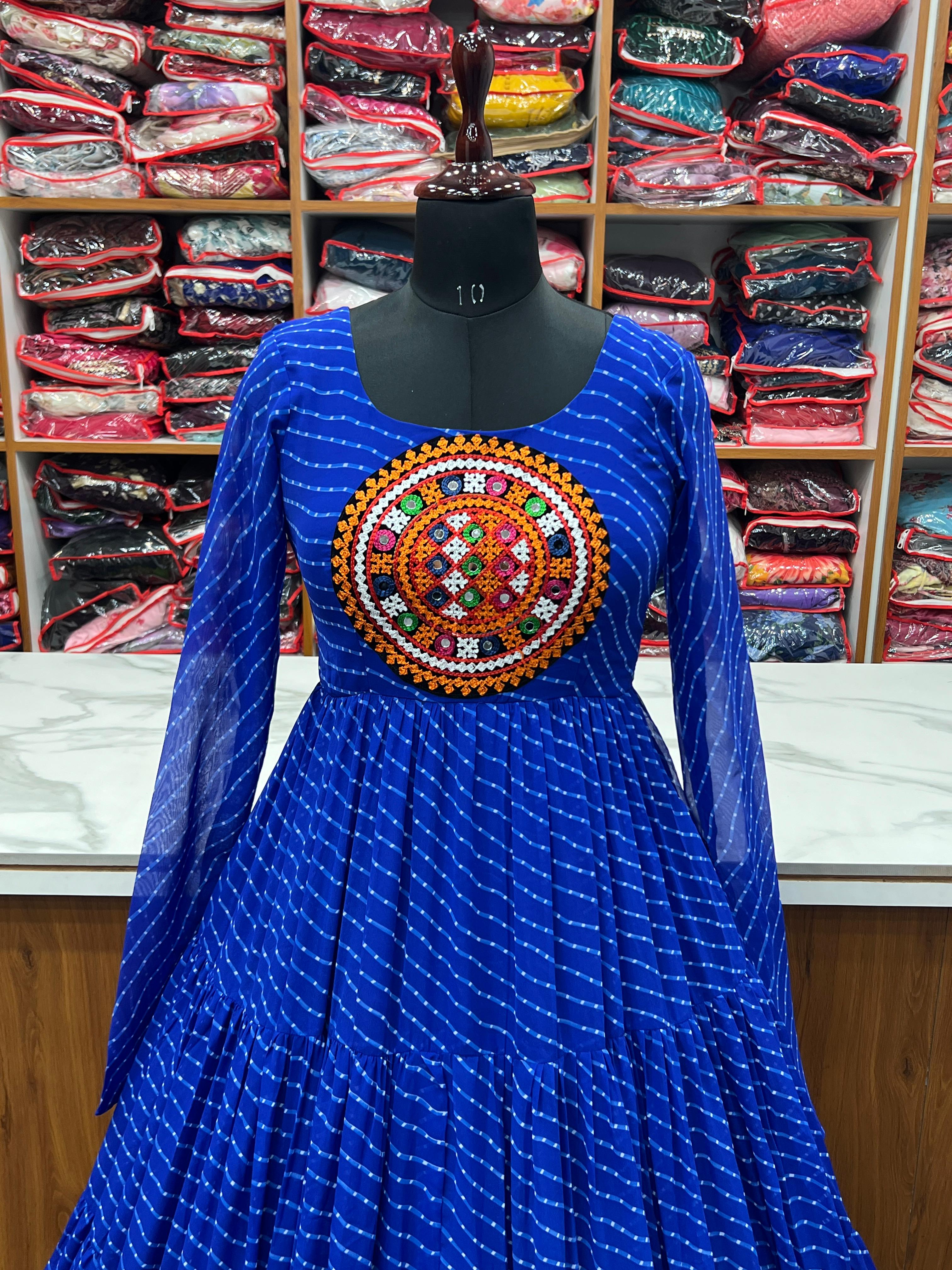 Navratri Wear Royal Blue Color Heavy Pure Soft Fox Georgette Laheriya Print Anarkali Gown