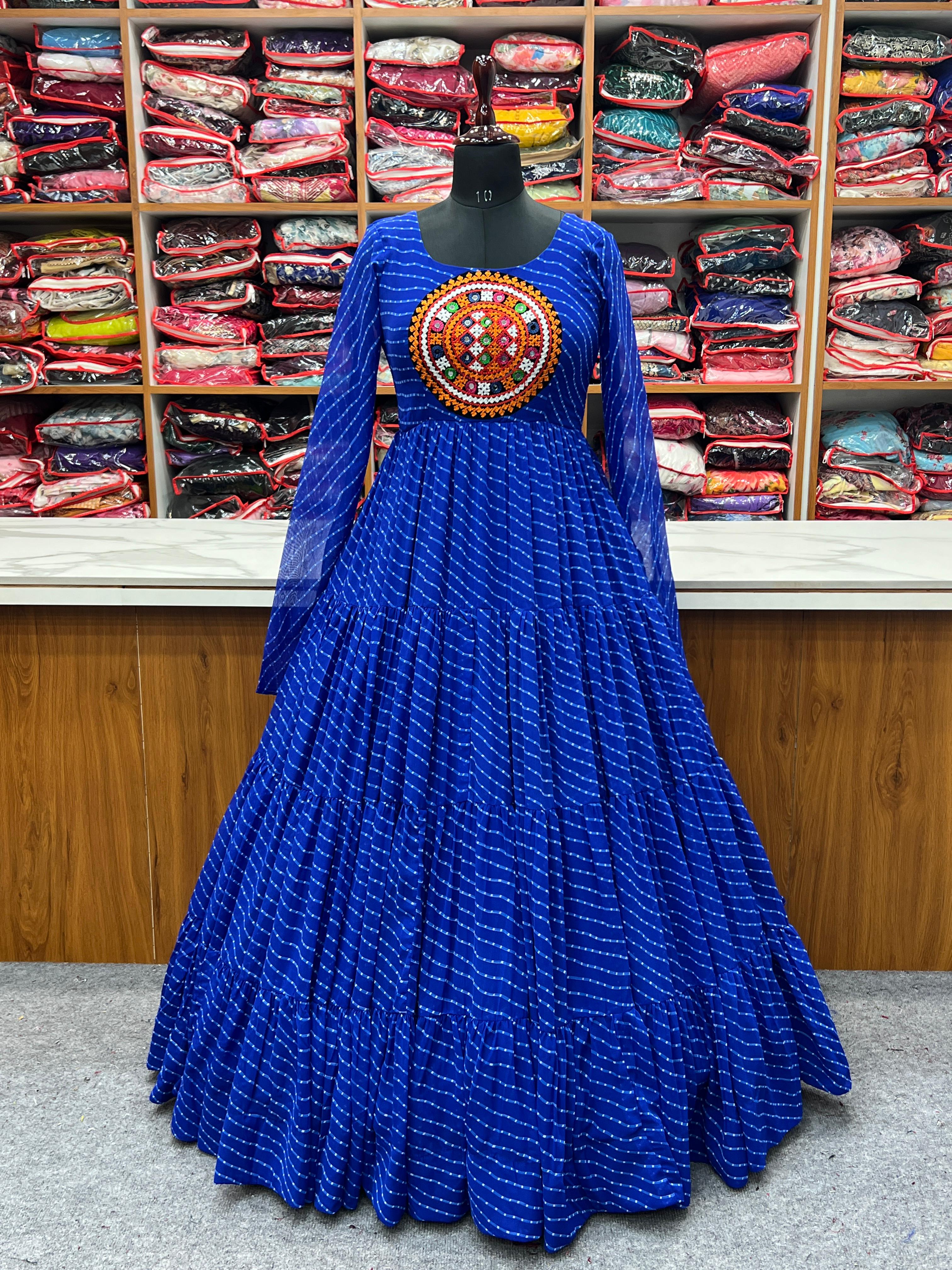 Navratri Wear Royal Blue Color Heavy Pure Soft Fox Georgette Laheriya Print Anarkali Gown