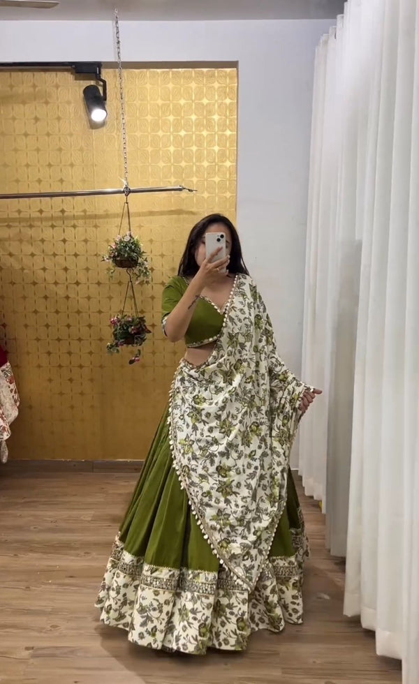 Traditional Wear Green Color Pure Cotton Sequence Work Navratri Lehenga Choli