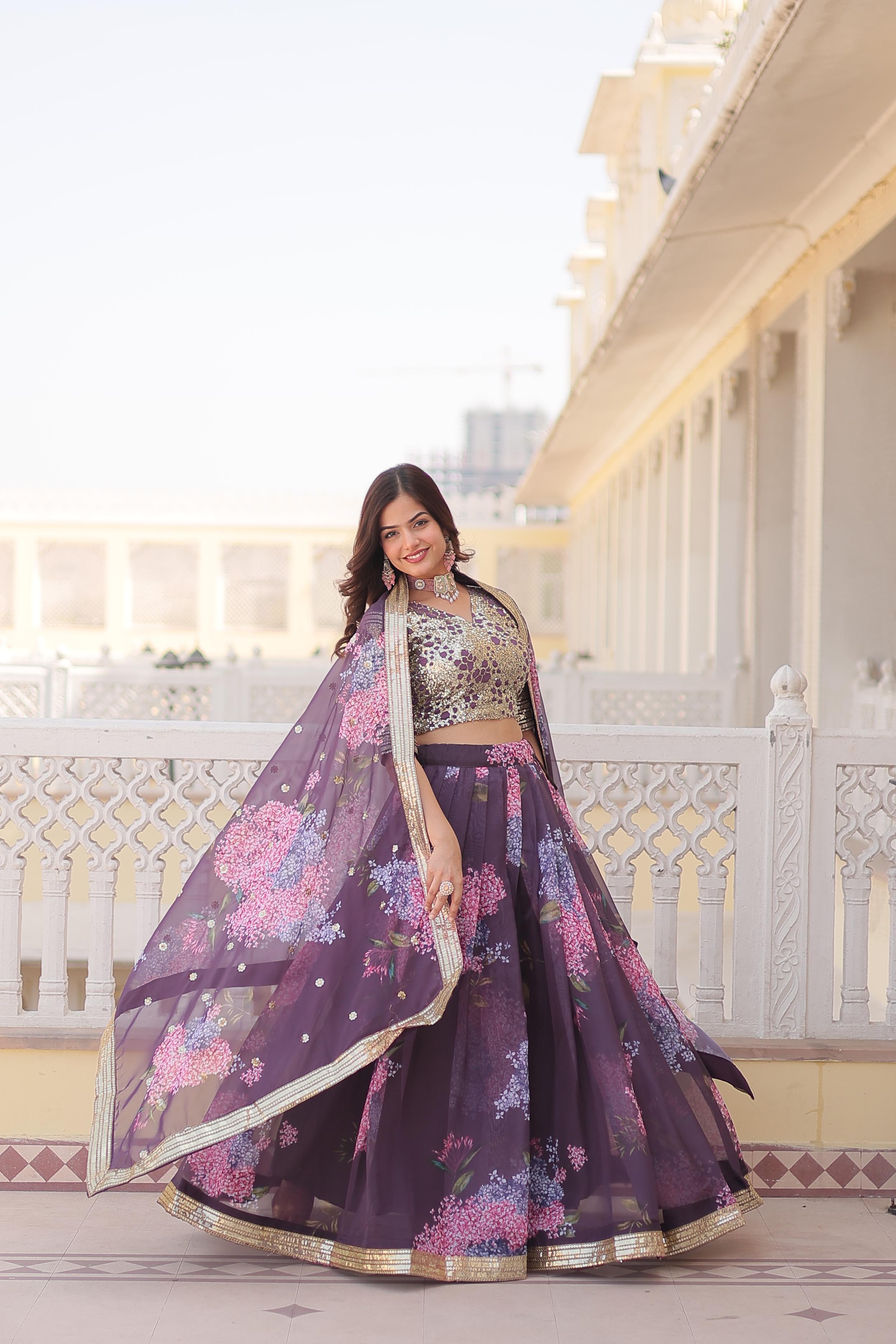 Party Wear Onion Color Digital Printed Russian Silk With Sequins Embroidered Work Lehenga Choli