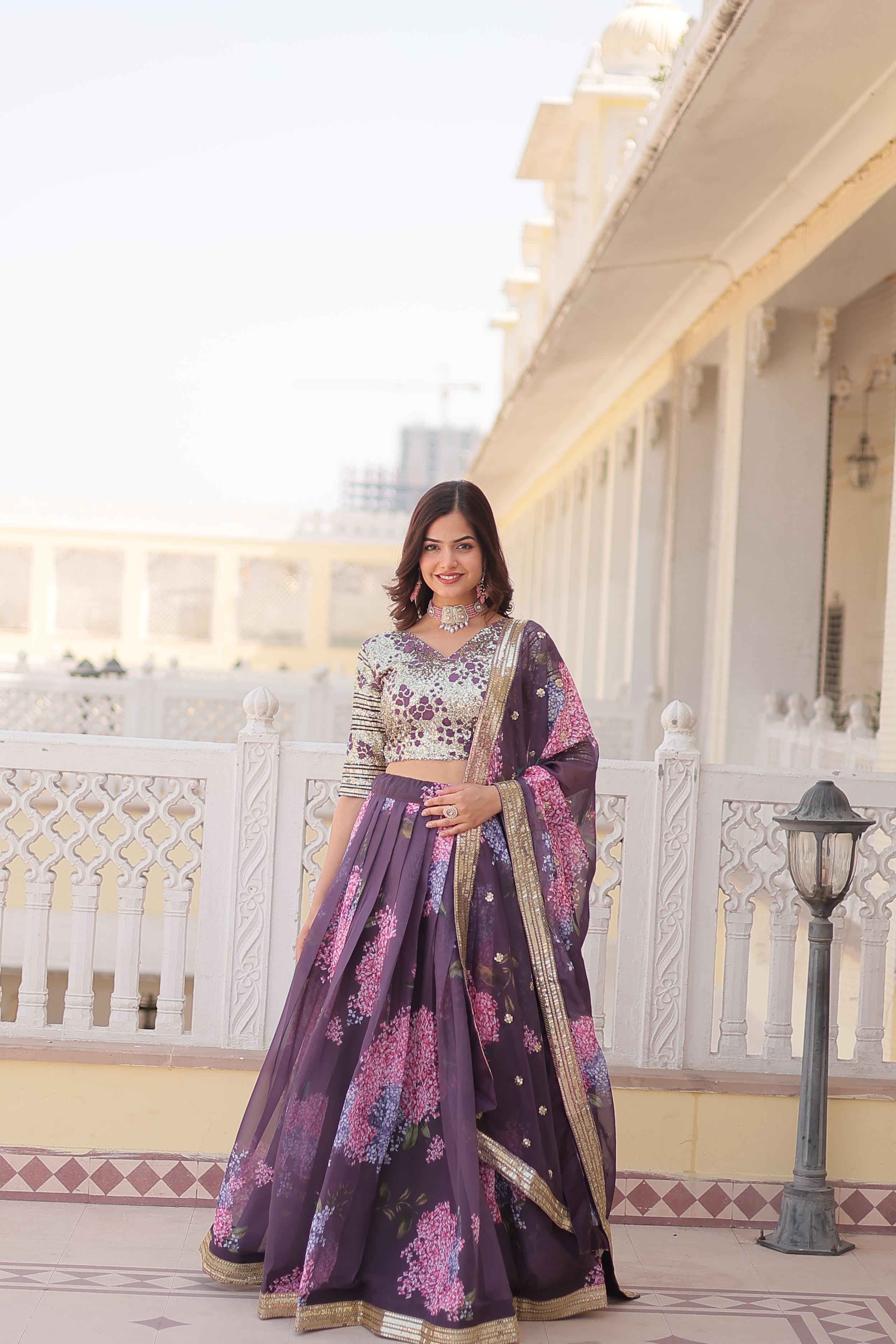 Party Wear Onion Color Digital Printed Russian Silk With Sequins Embroidered Work Lehenga Choli