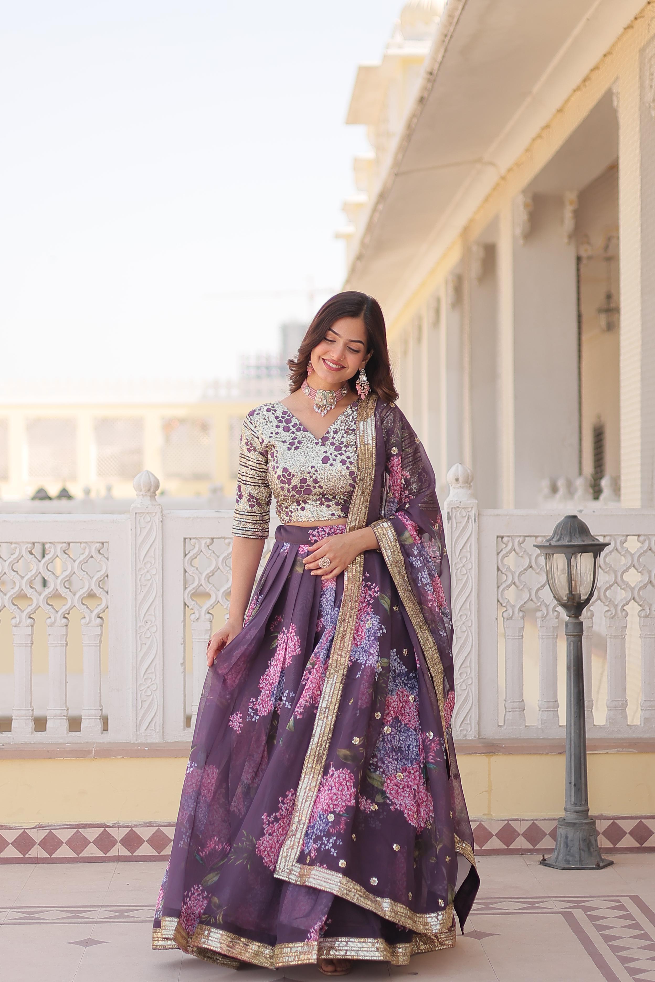 Party Wear Onion Color Digital Printed Russian Silk With Sequins Embroidered Work Lehenga Choli