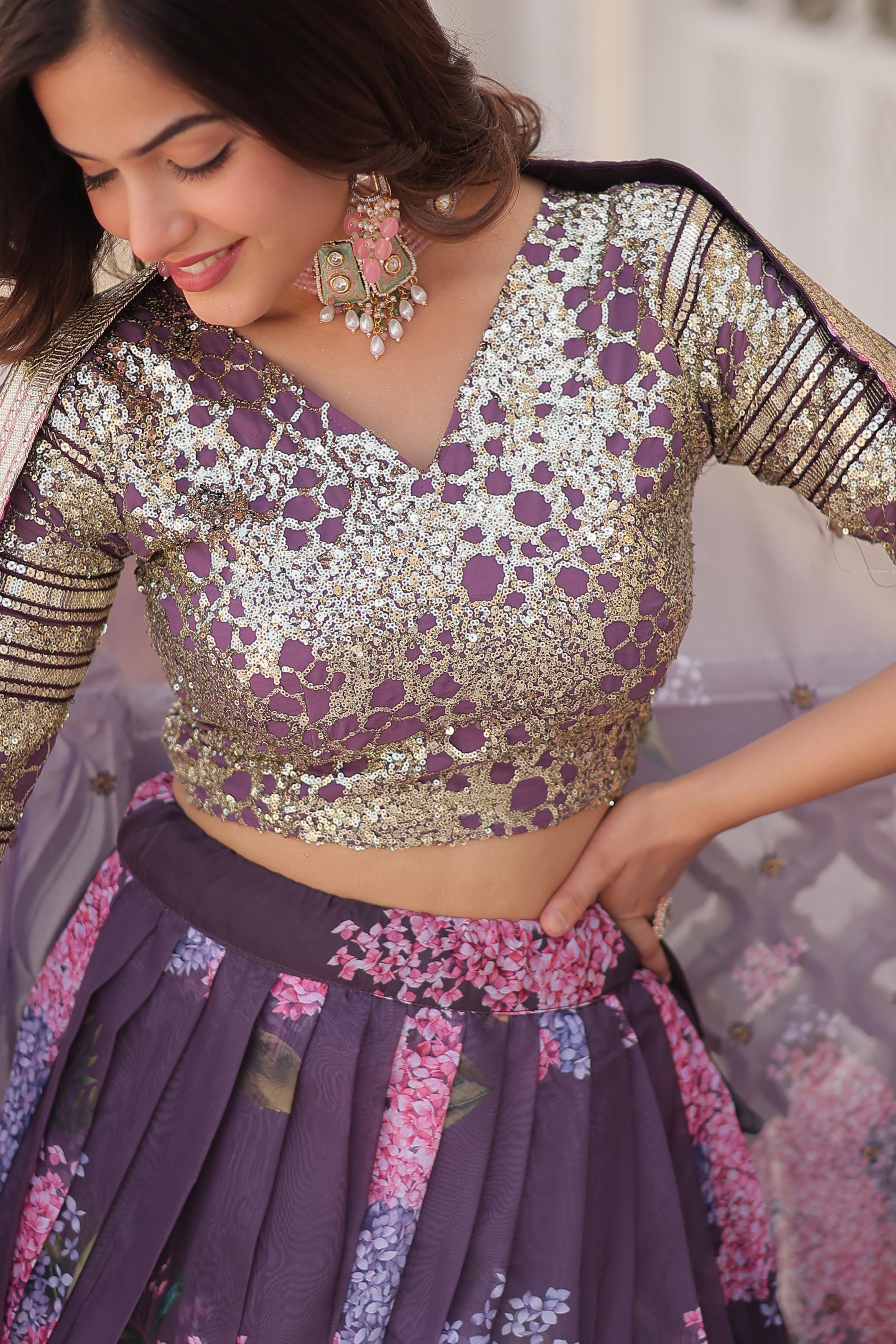 Party Wear Onion Color Digital Printed Russian Silk With Sequins Embroidered Work Lehenga Choli