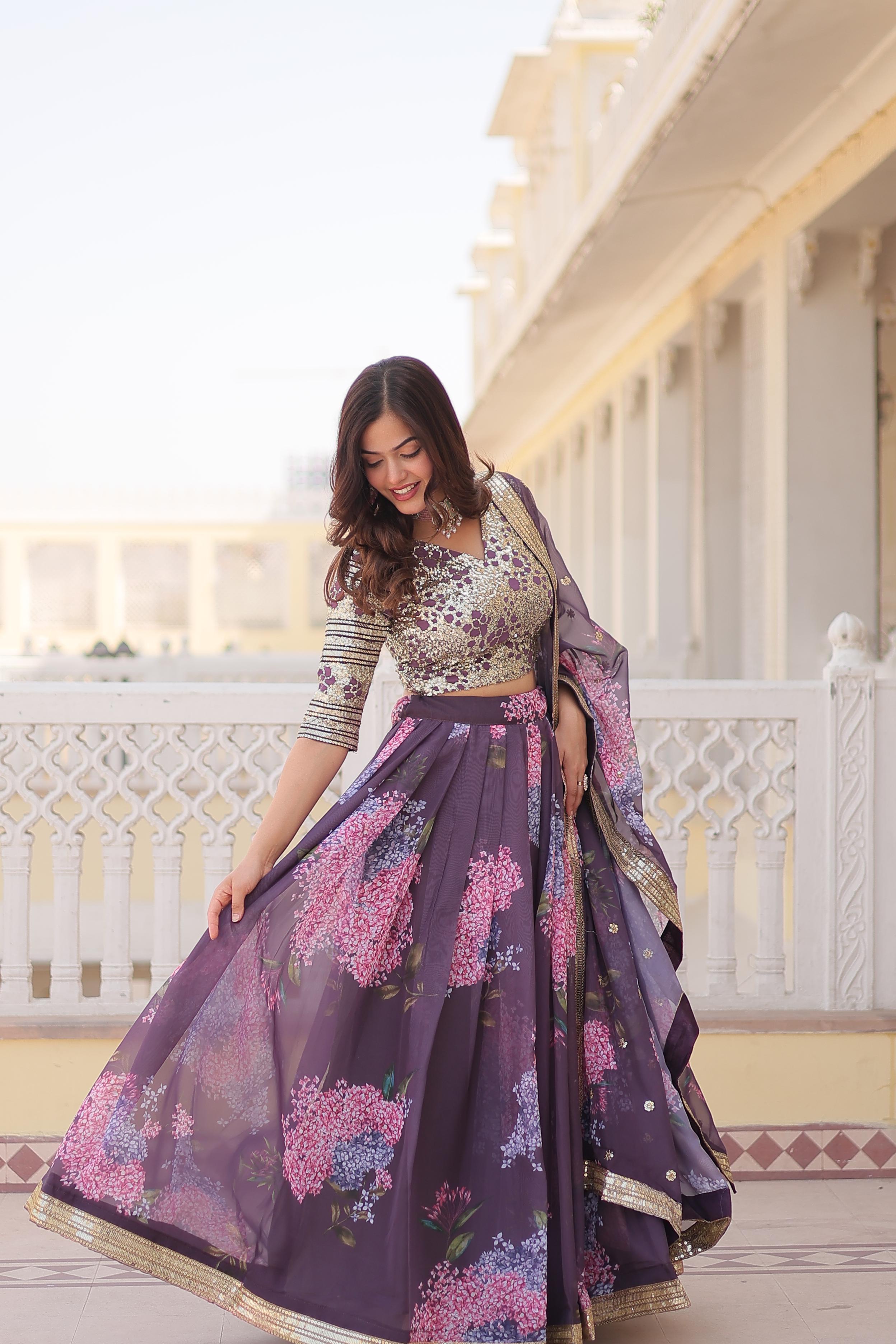 Party Wear Onion Color Digital Printed Russian Silk With Sequins Embroidered Work Lehenga Choli