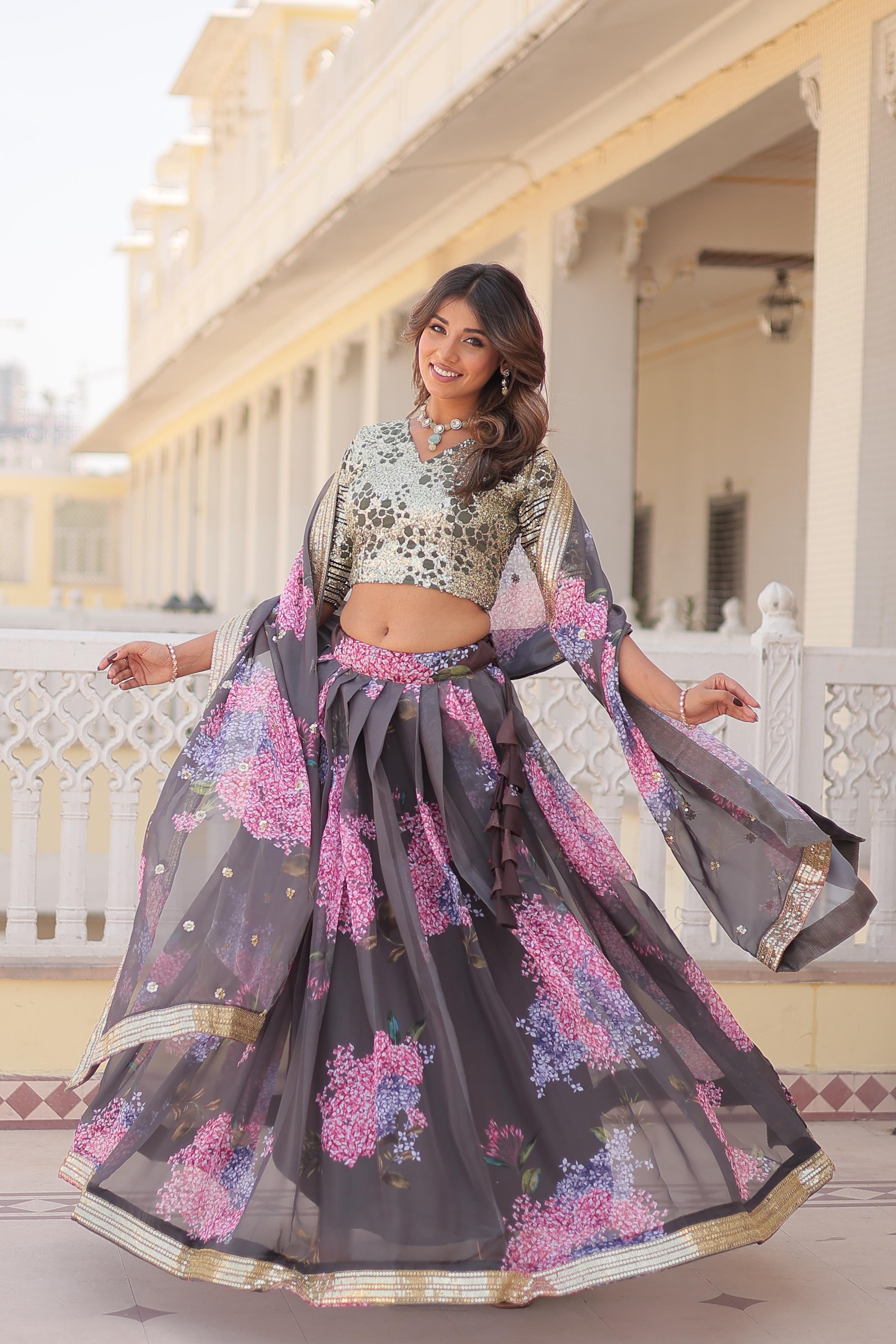 Party Wear Grey Color Digital Printed Russian Silk With Sequins Embroidered Work Lehenga Choli