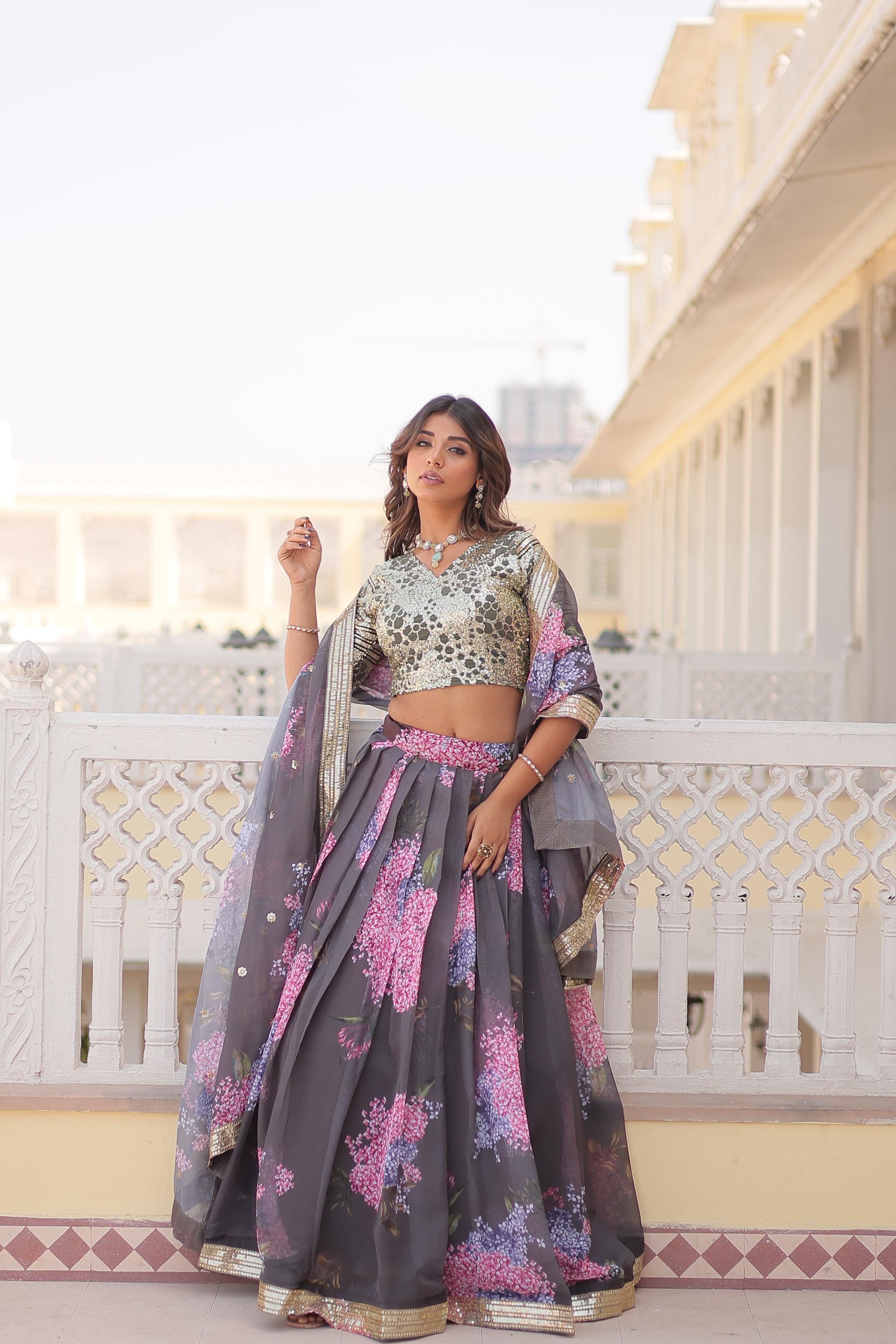 Party Wear Grey Color Digital Printed Russian Silk With Sequins Embroidered Work Lehenga Choli