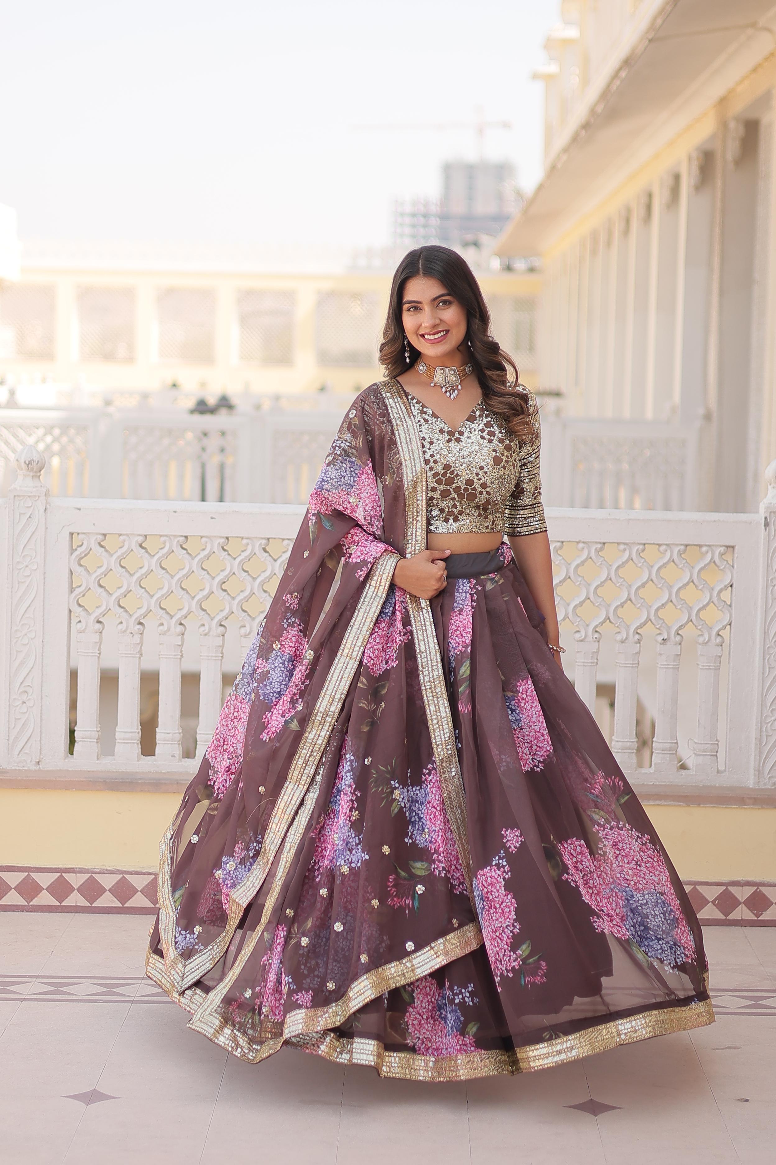 Party Wear Coffee Color Digital Printed Russian Silk With Sequins Embroidered Work Lehenga Choli