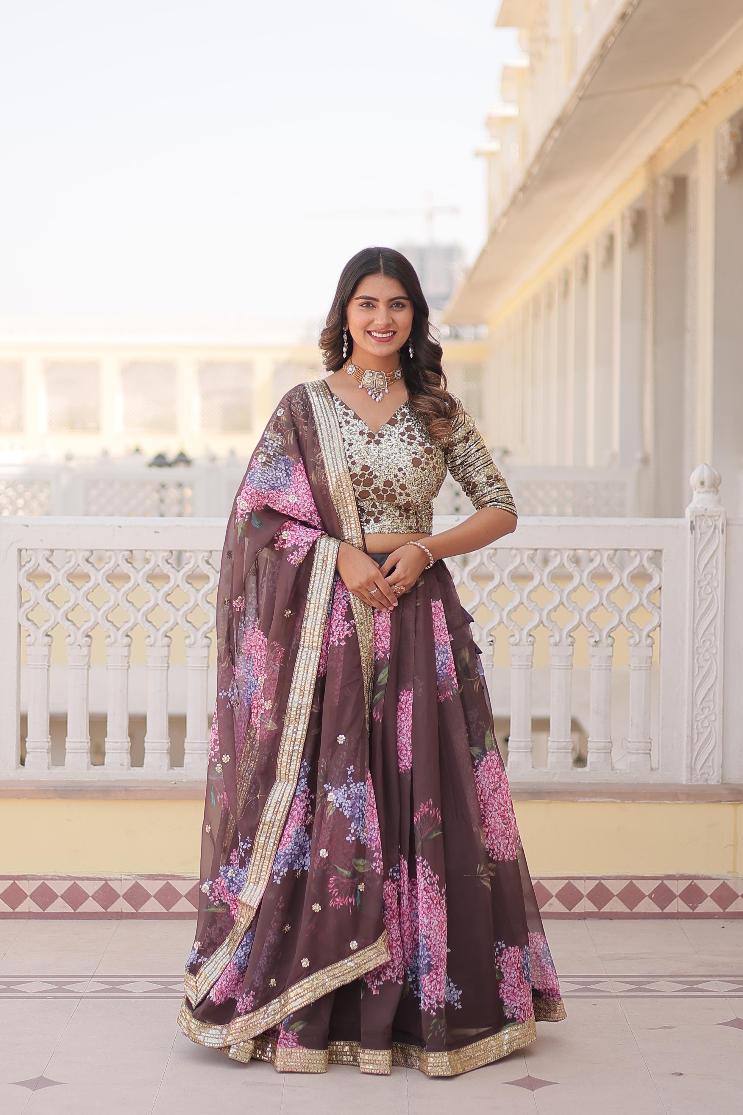 Party Wear Coffee Color Digital Printed Russian Silk With Sequins Embroidered Work Lehenga Choli