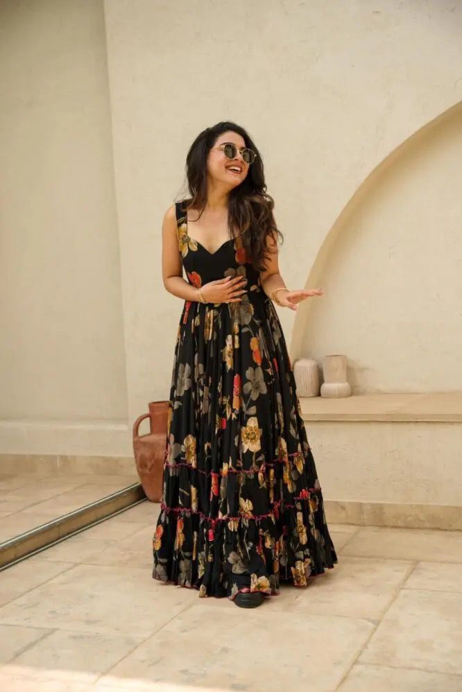 Marriage Special Black Color Digital Printed Pure Jimmy Organza Silk Anarkali Gown