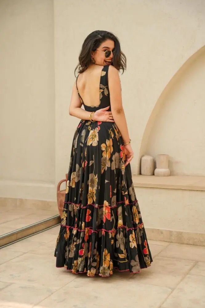 Marriage Special Black Color Digital Printed Pure Jimmy Organza Silk Anarkali Gown